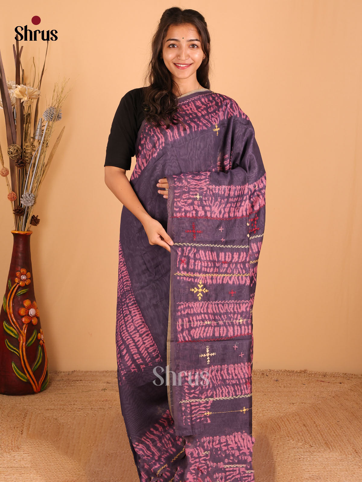 Navy blue & onion pink - Semi kantha Saree - DCS25005 - Shop on Shrus.com