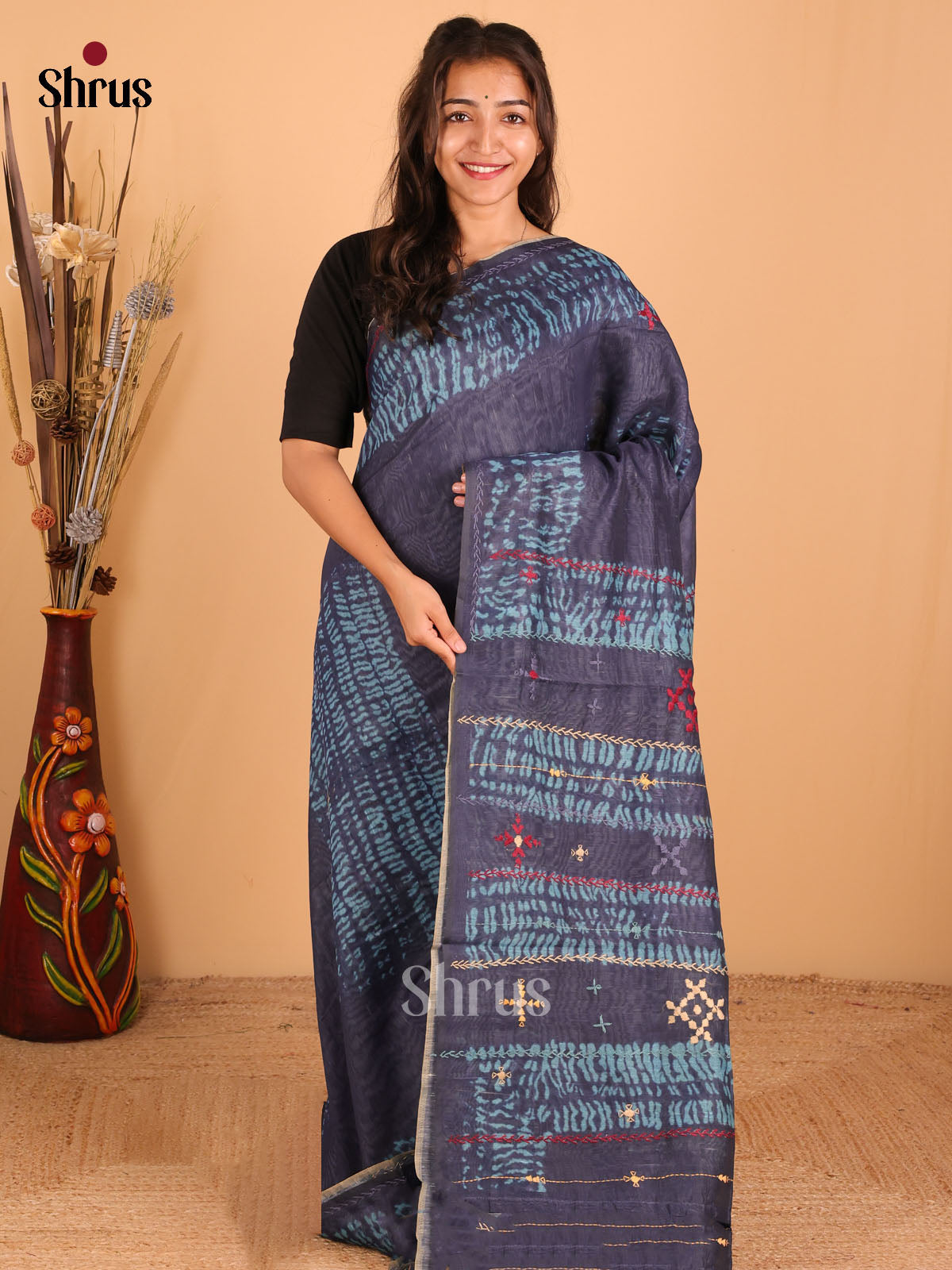 Navy Blue - Semi kantha Saree - DCS25006 - Shop on Shrus.com