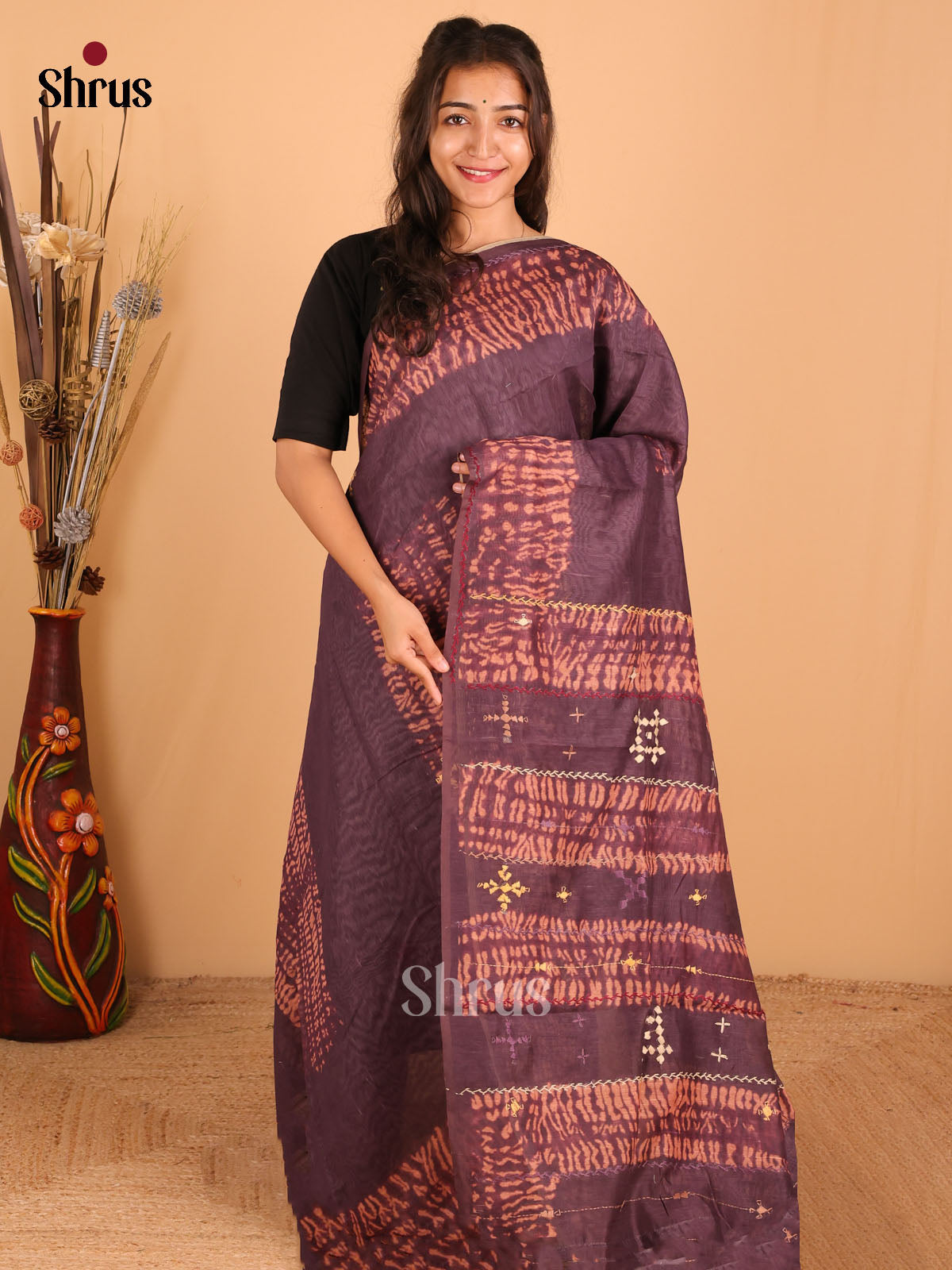 Dark purple - Semi kantha Saree - DCS25007 - Shop on Shrus.com