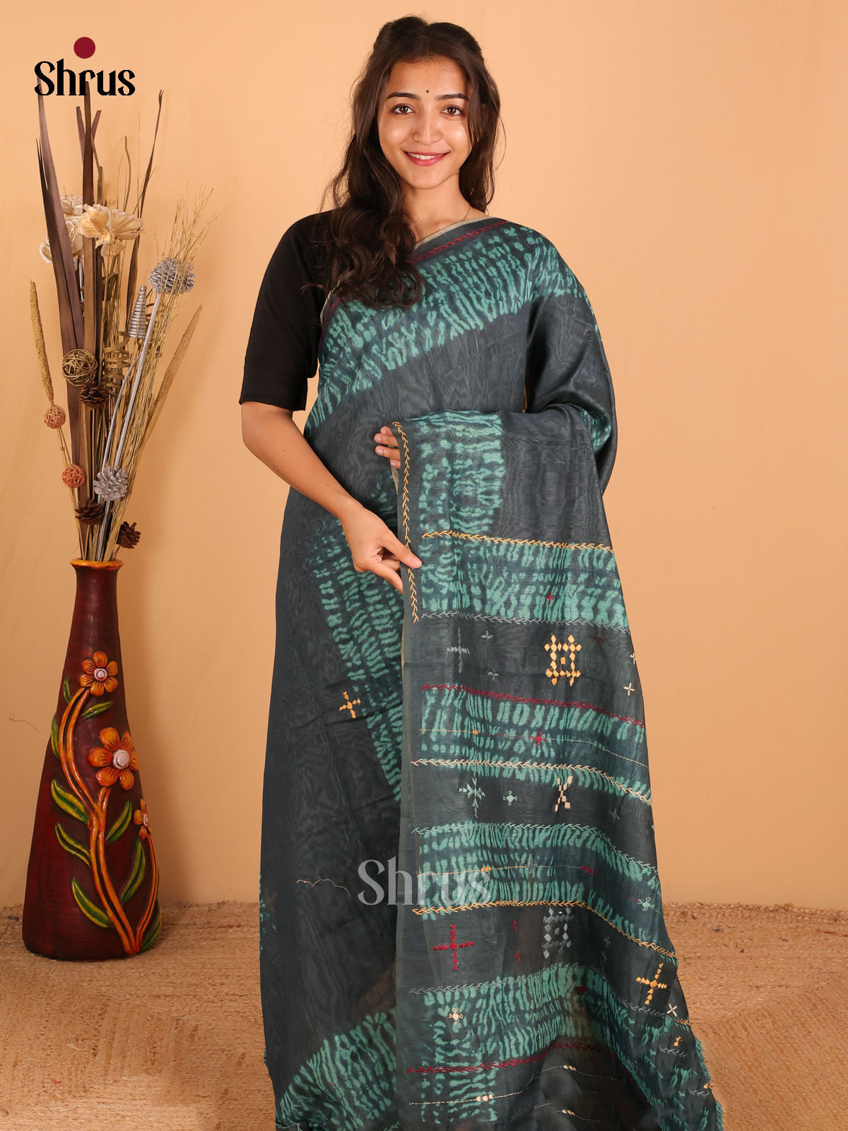 Dark Army green - Semi kantha Saree - DCS25009 - Shop on Shrus.com