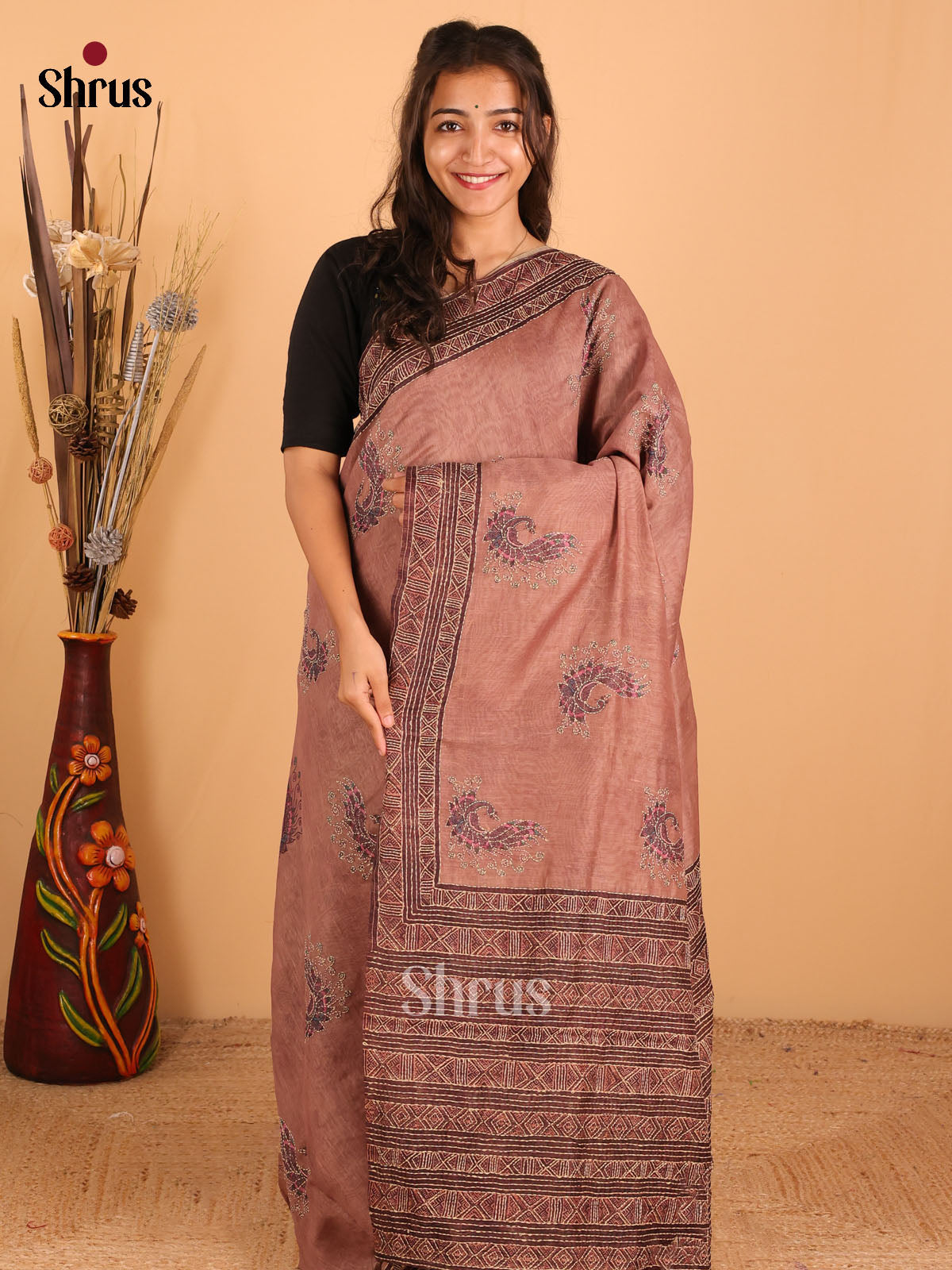 Coffee Brown - Semi kantha Saree - DCS25013 - Shop on Shrus.com