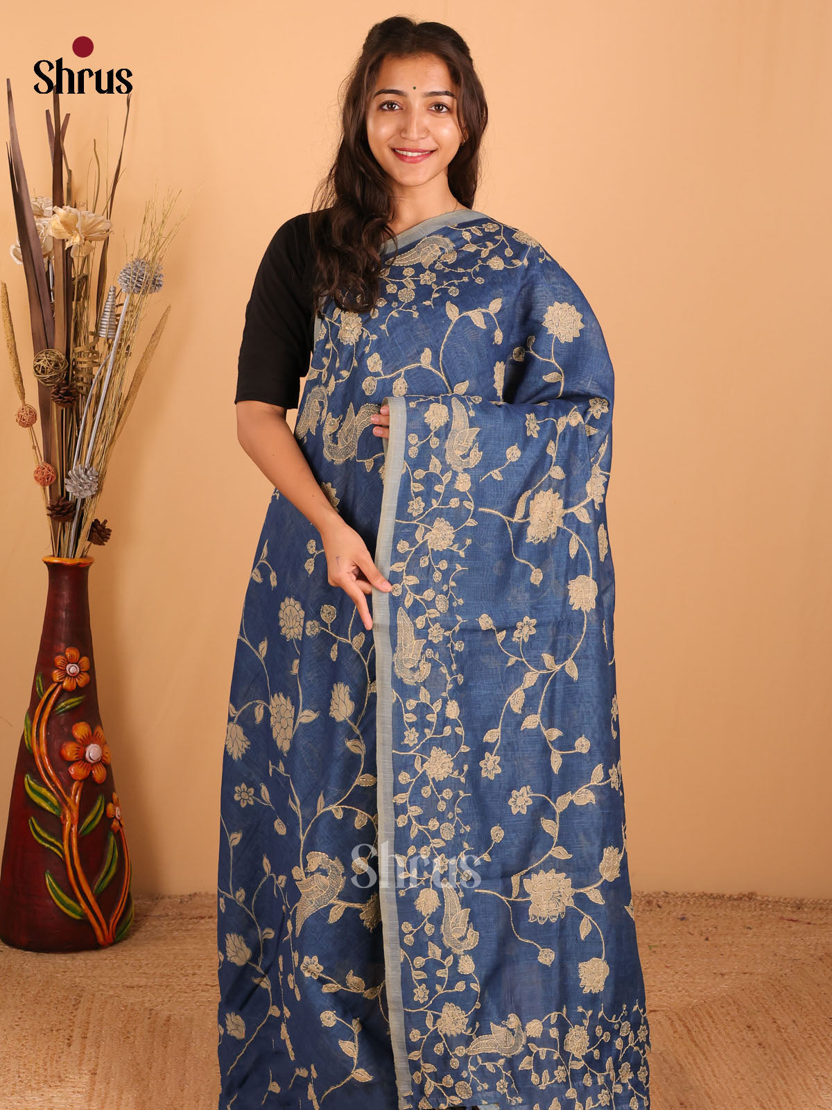 Navy Blue - Semi kantha Saree - DCS25017 - Shop on Shrus.com