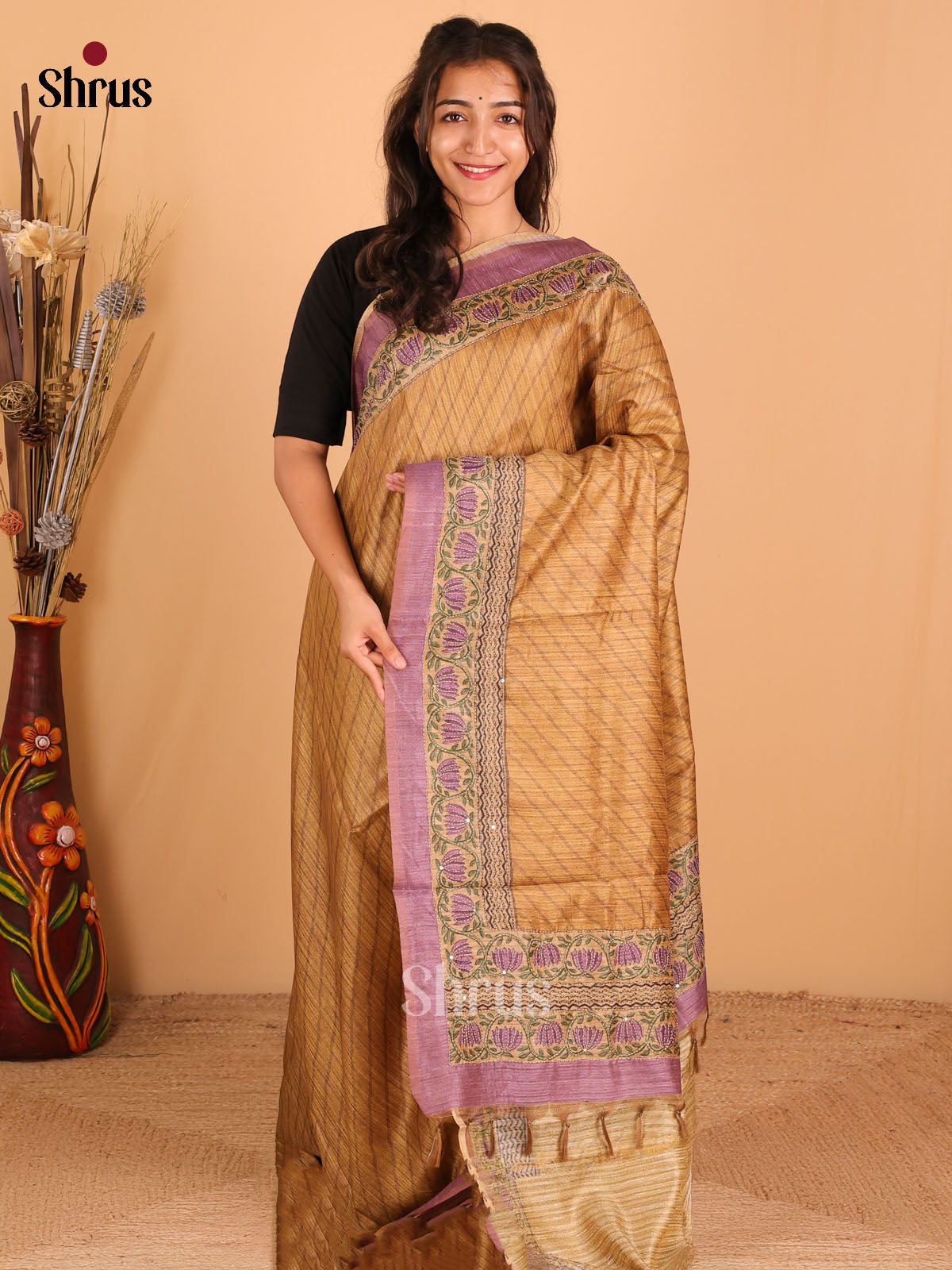 Mustard & lavender - Semi kantha Saree - DCS25019 - Shop on Shrus.com