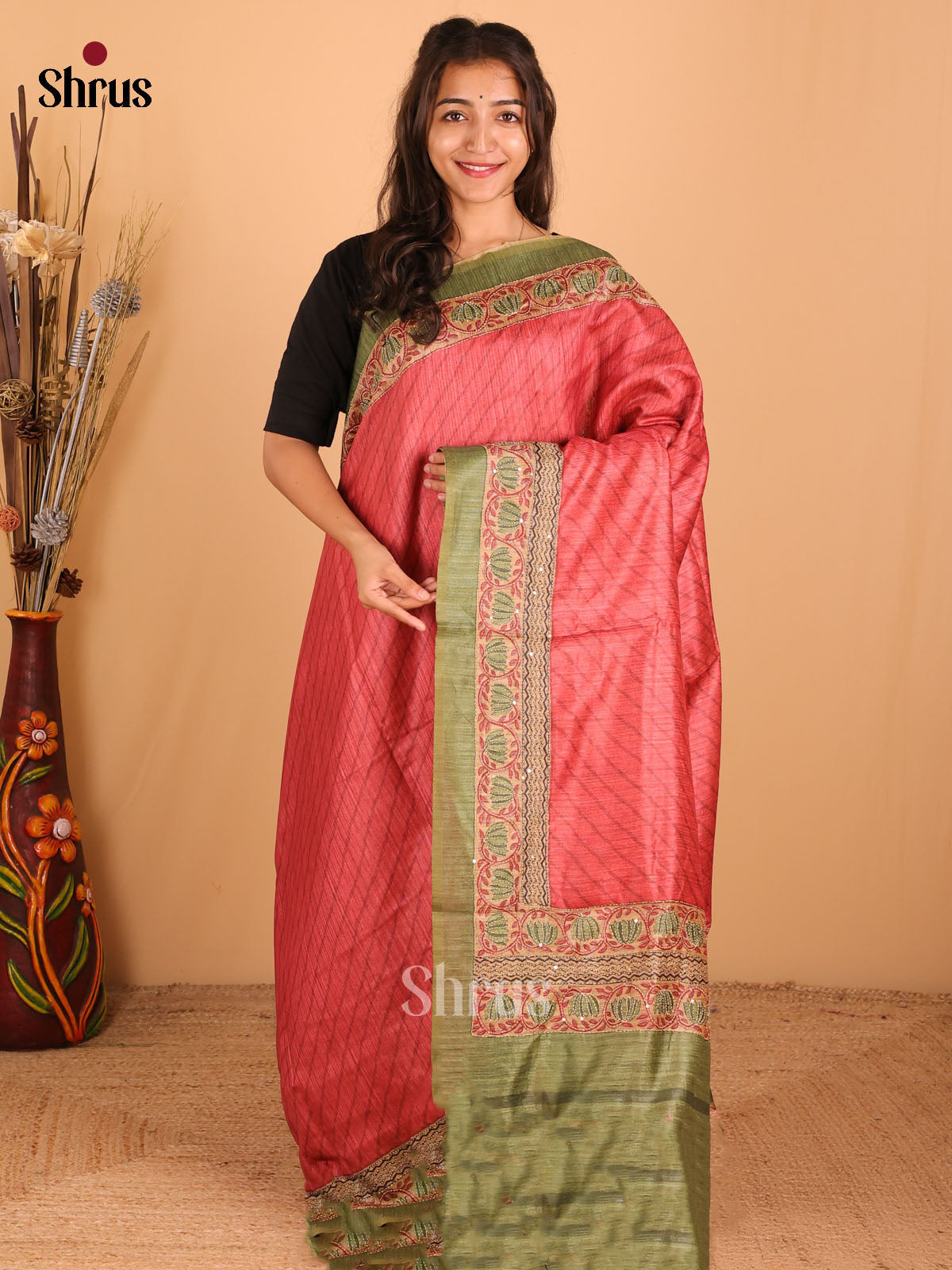 Rust & Green - Semi kantha Saree - DCS25021 - Shop on Shrus.com