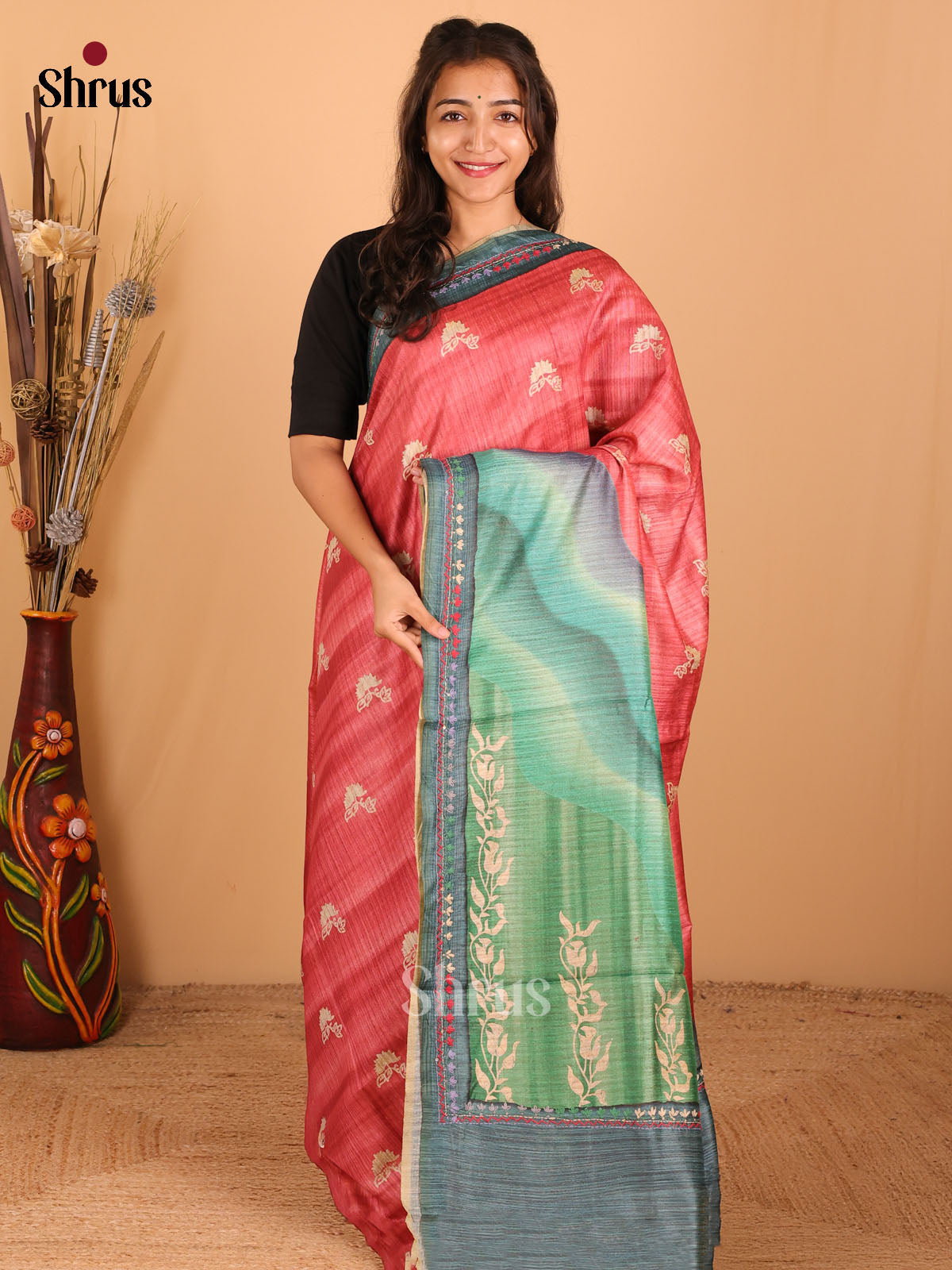 Peach & Peacock blue - Semi kantha Saree - DCS25024 - Shop on Shrus.com