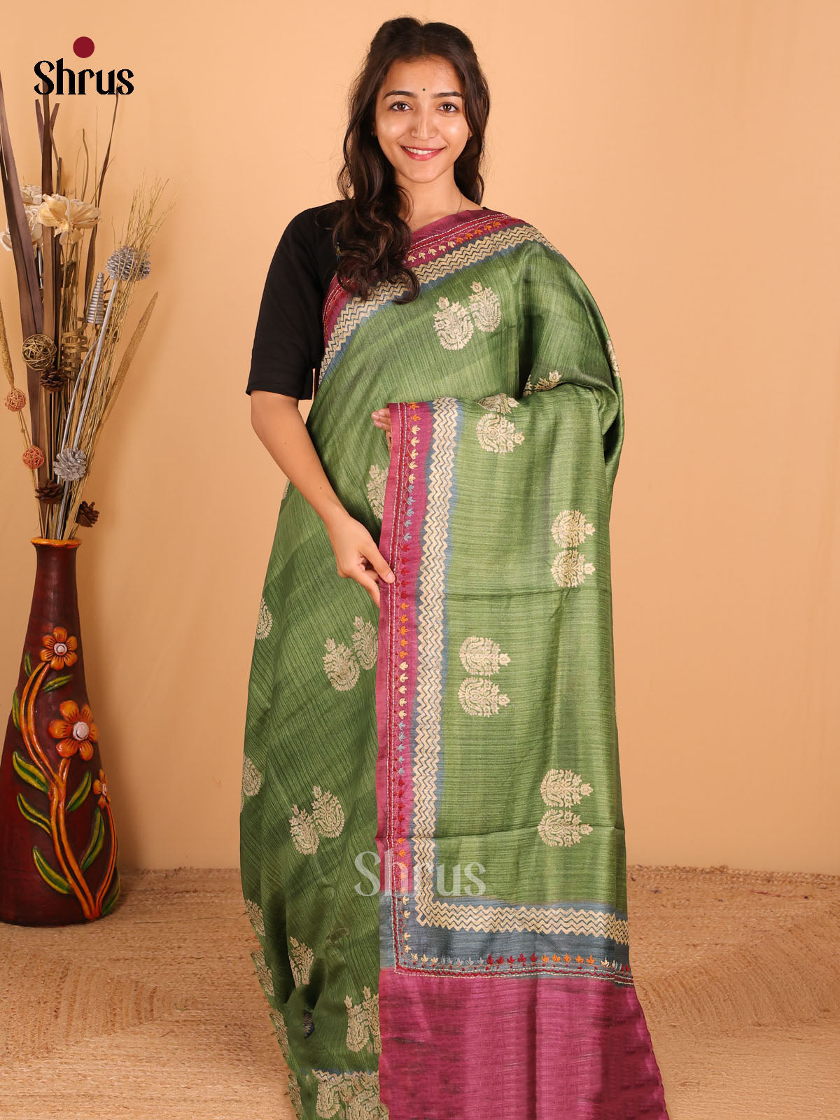 Green & purple - Semi kantha Saree - DCS25027 - Shop on Shrus.com