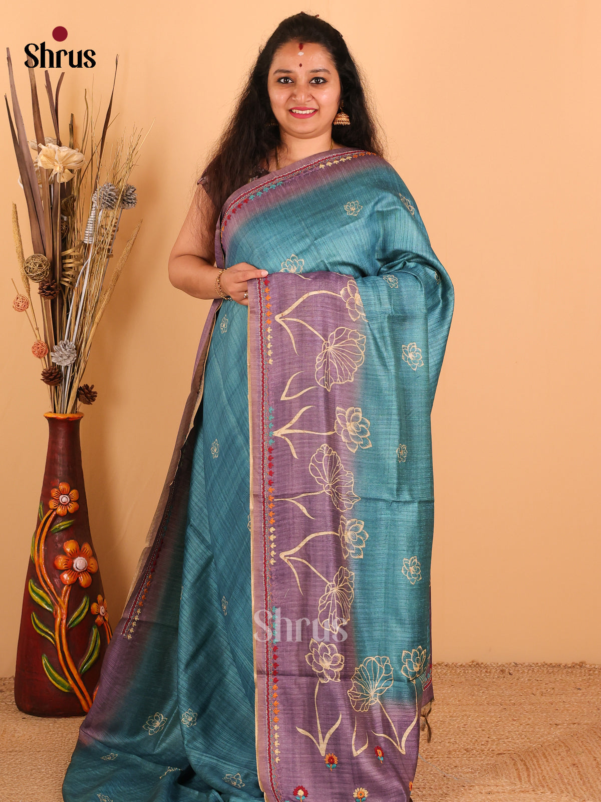 Peacock blue & Light purple - Semi kantha Saree - DCS25031 - Shop on Shrus.com