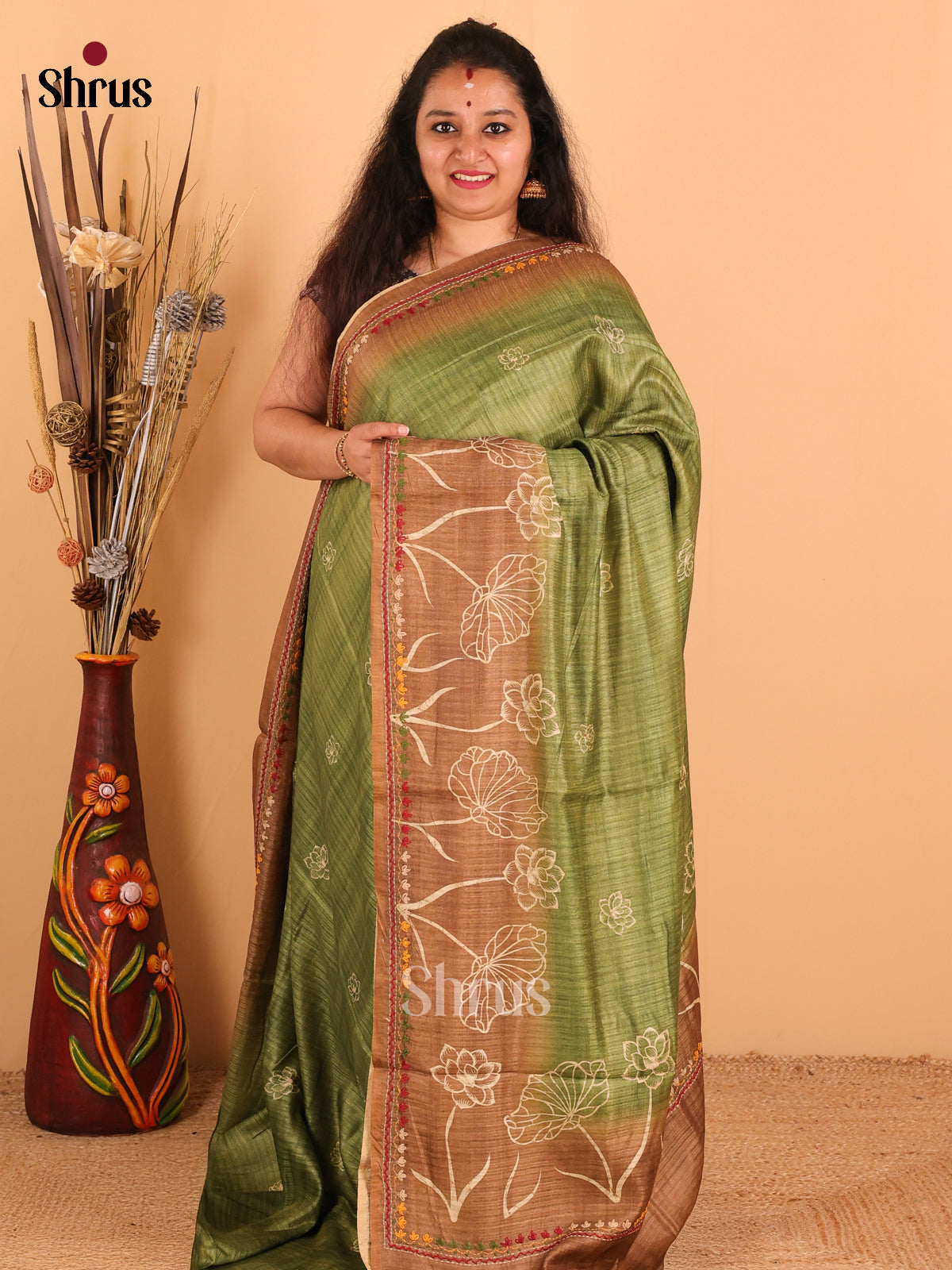 Light green & brown - Semi kantha Saree - DCS25033 - Shop on Shrus.com