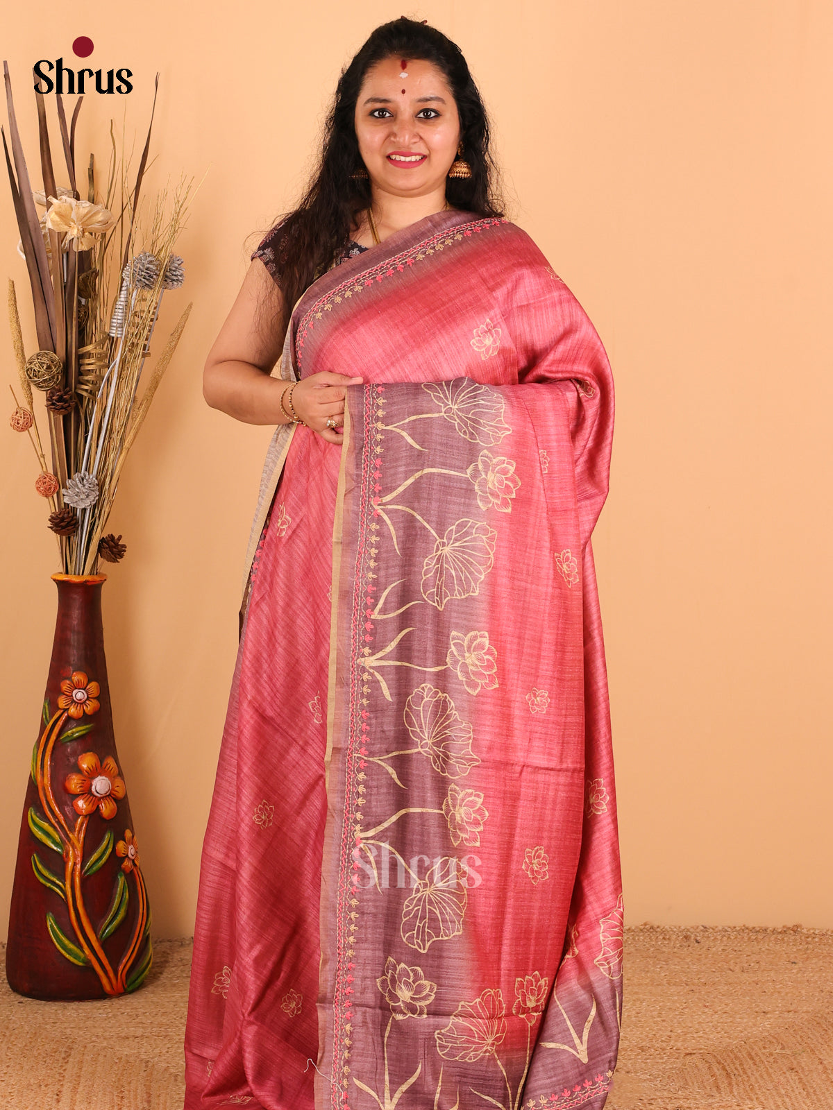 Dark peach pink - Semi kantha Saree - DCS25034 - Shop on Shrus.com
