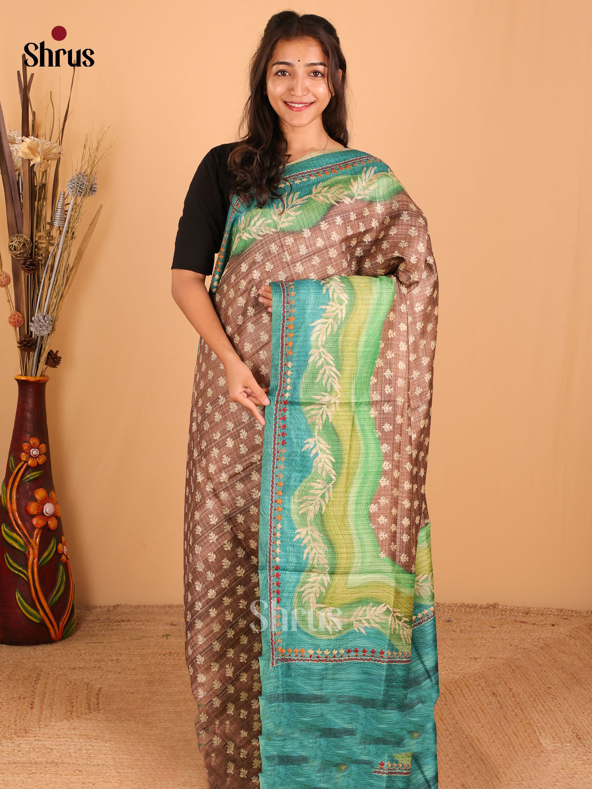 Light Brown & peacock green - Semi kantha Saree - DCS25038 - Shop on Shrus.com