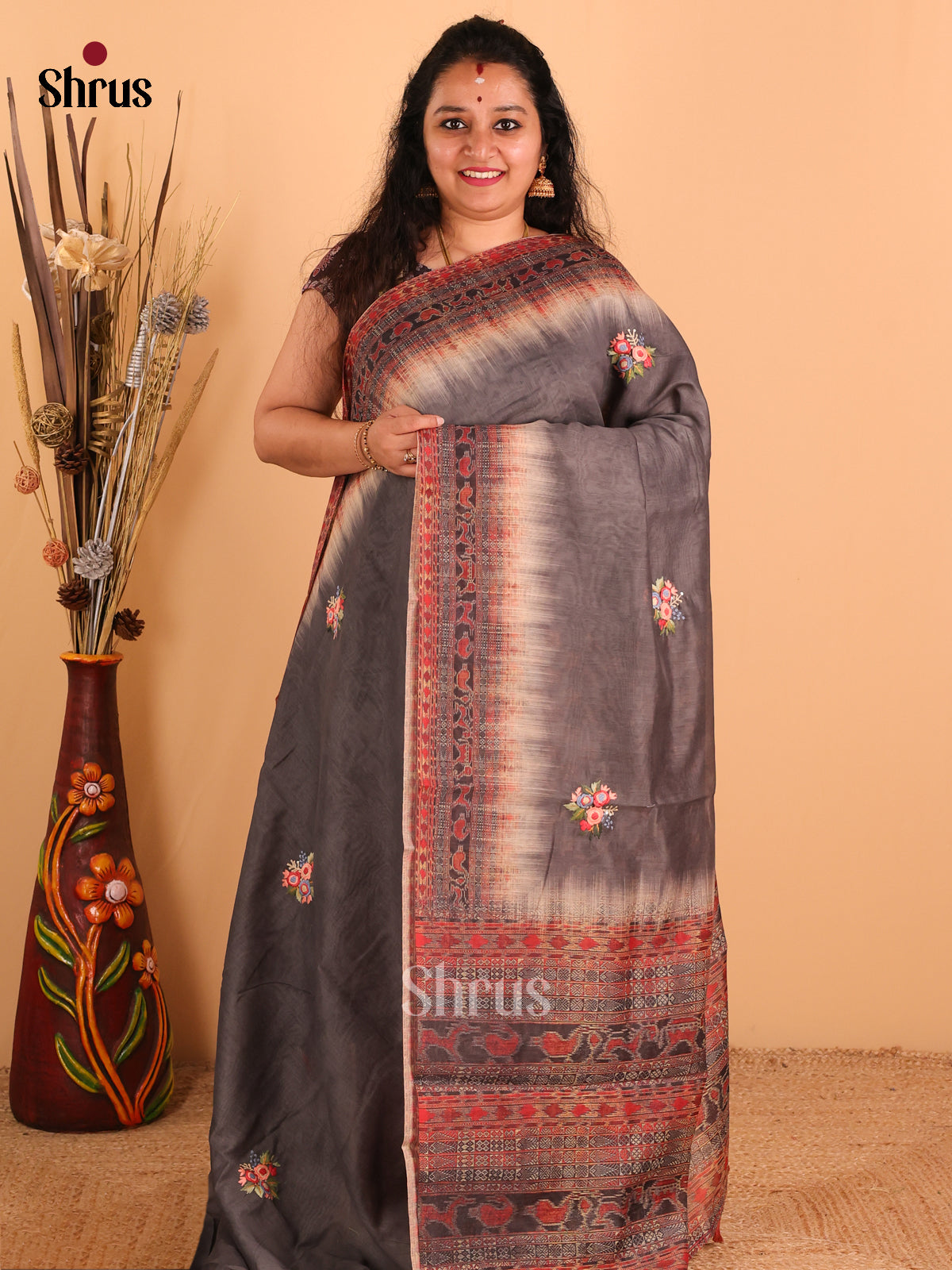 Dark Grey - Semi kantha Saree - DCS25039 - Shop on Shrus.com