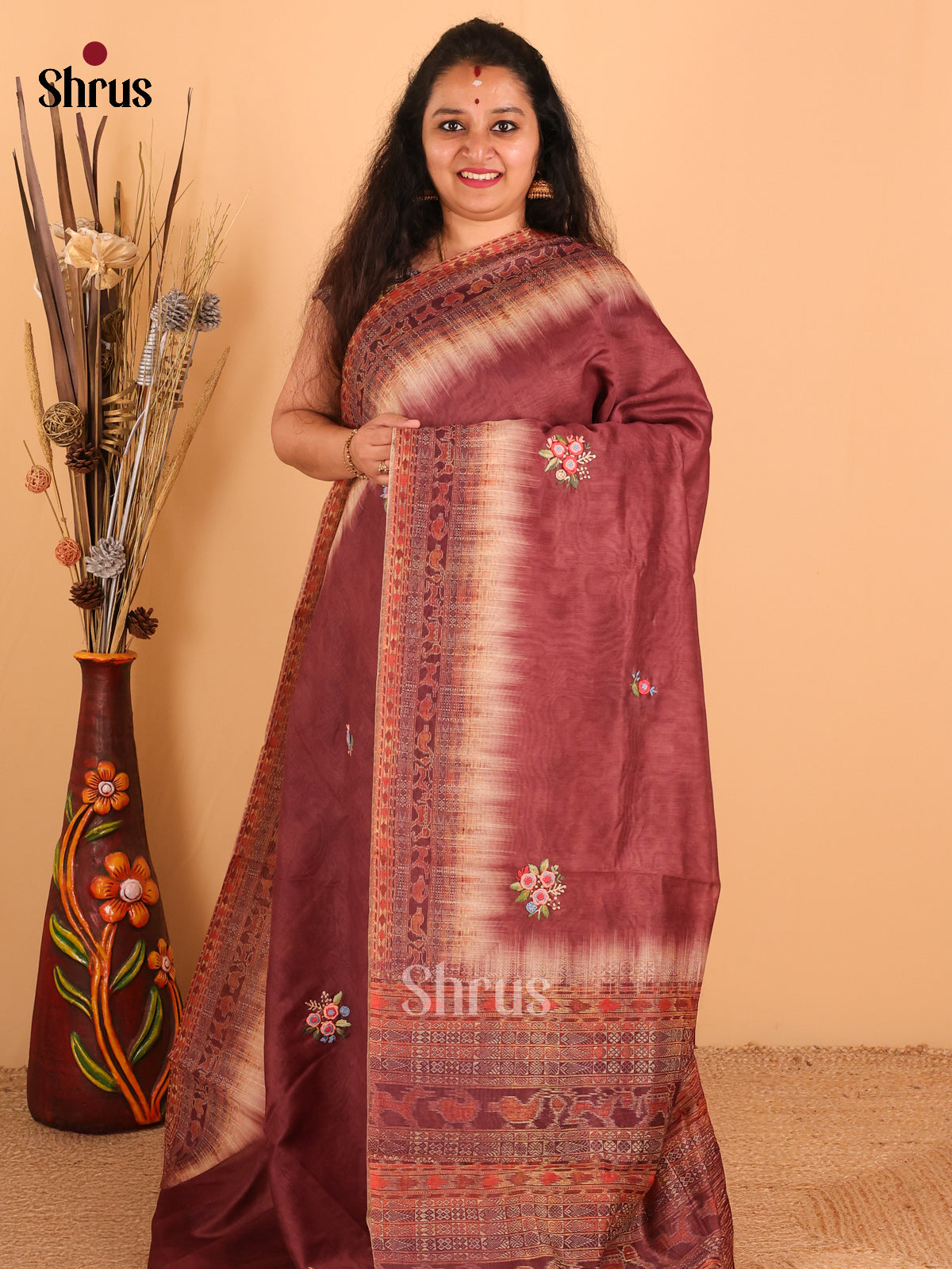 Wine - Semi kantha Saree - DCS25040 - Shop on Shrus.com