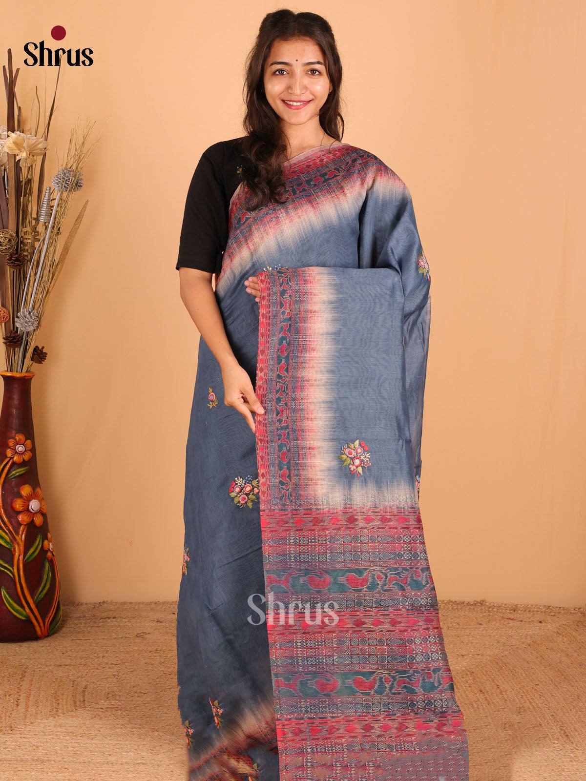 peacock Blue - Semi kantha Saree - DCS25043 - Shop on Shrus.com