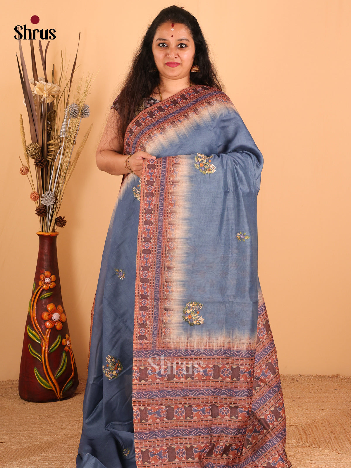 Light Navy blue - Semi kantha Saree - DCS25045 - Shop on Shrus.com