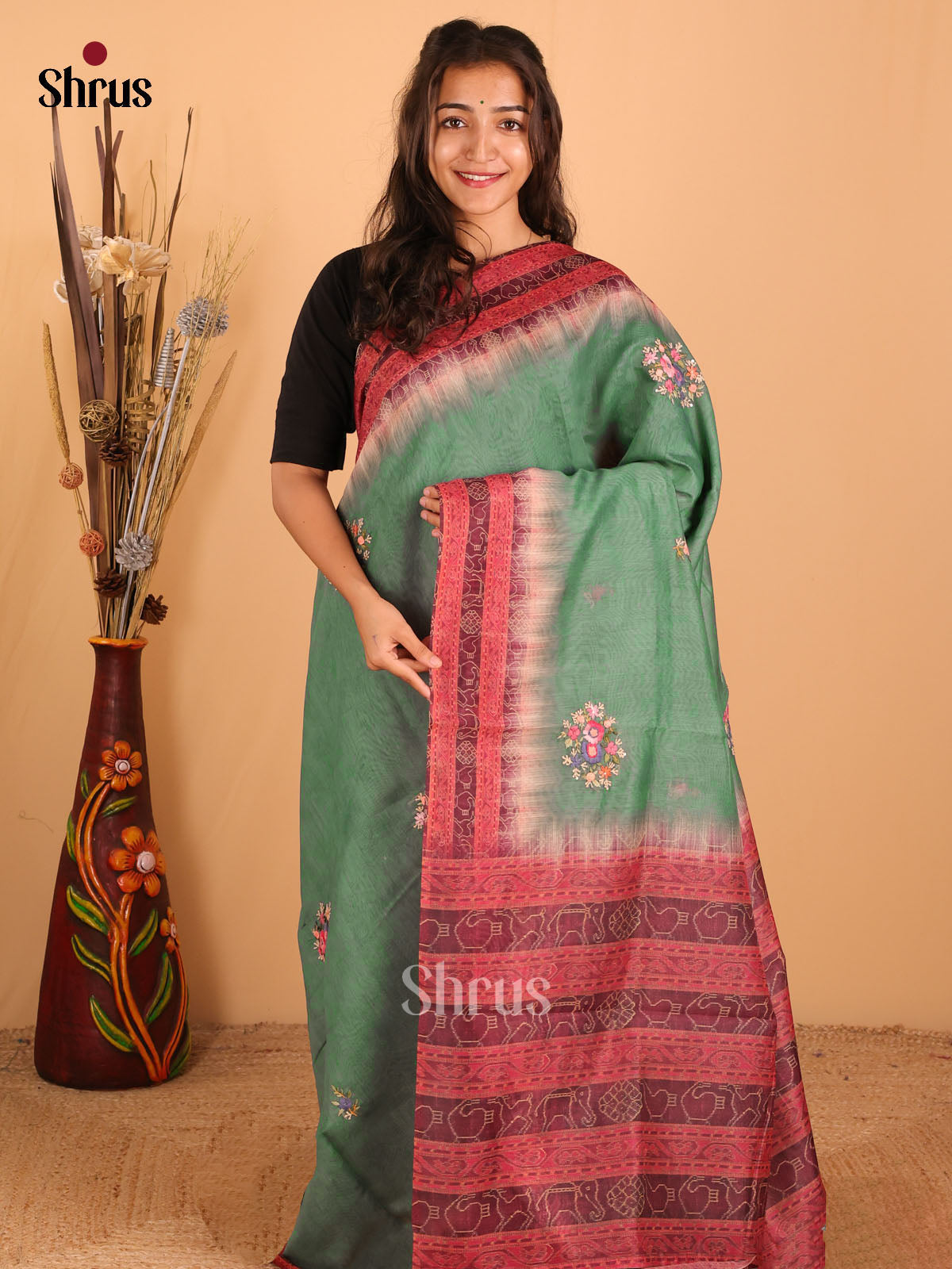 Light green & Dark purple - Semi kantha Saree - DCS25050 - Shop on Shrus.com