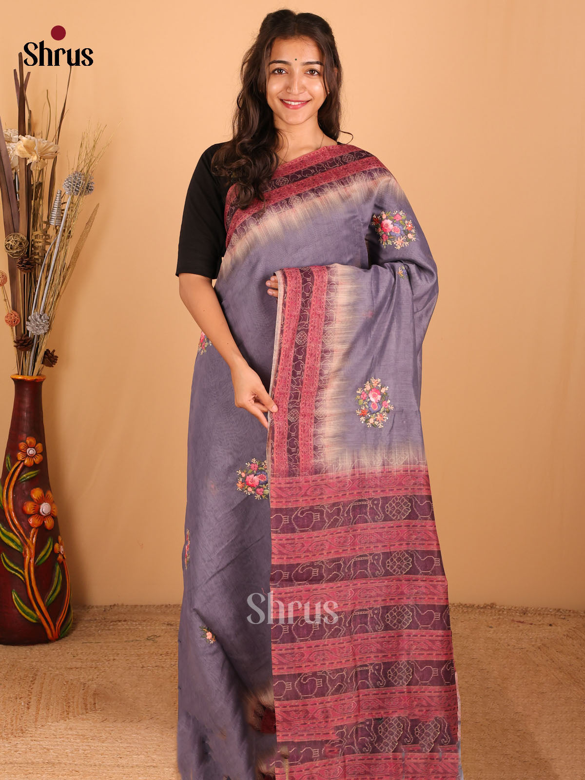 Blue - grey - Semi kantha Saree - DCS25053 - Shop on Shrus.com