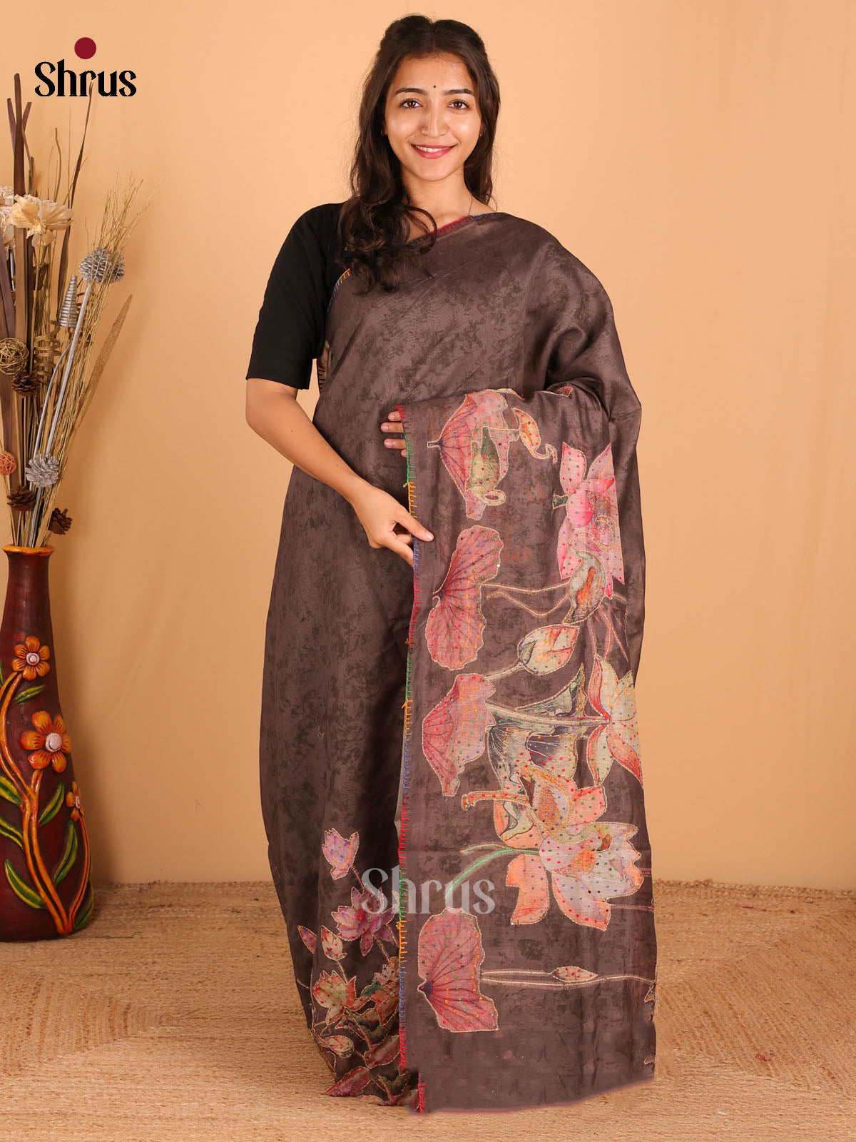Grey - Semi kantha Saree - DCS25058 - Shop on Shrus.com