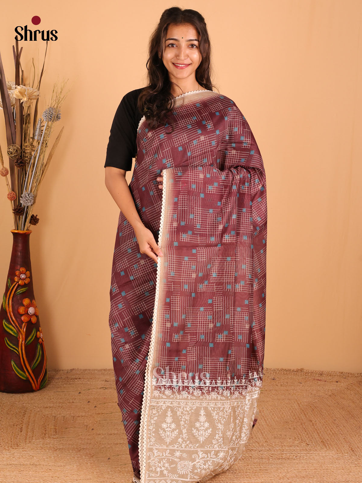 Dark wine - Semi kantha Saree - DCS25083 - Shop on Shrus.com