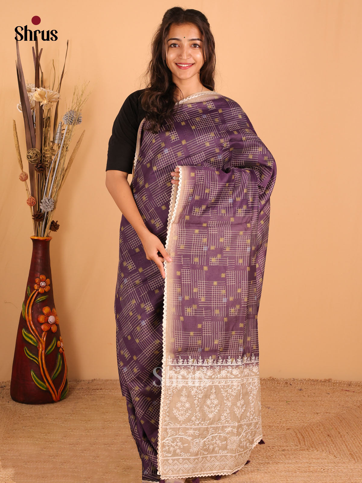 Grape Purple - Semi kantha Saree - DCS25084 - Shop on Shrus.com