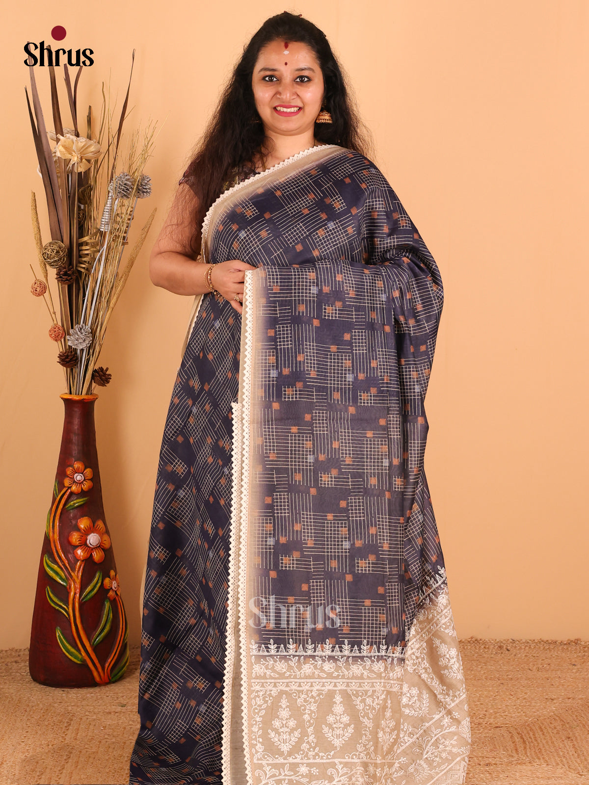 Navy Blue - Semi kantha Saree - DCS25085 - Shop on Shrus.com