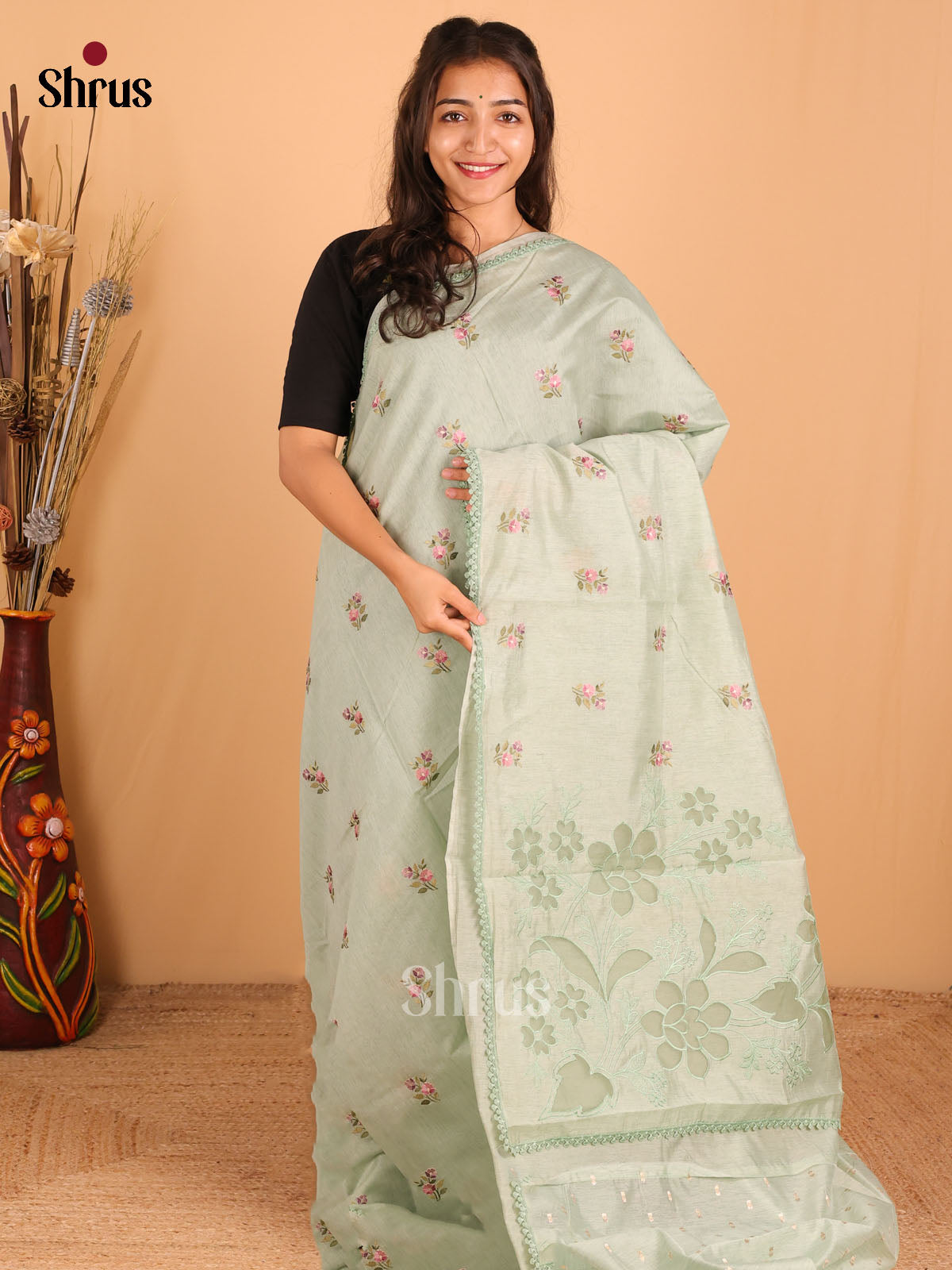 Pastel Green - Semi kantha Saree - DCS25092 - Shop on Shrus.com