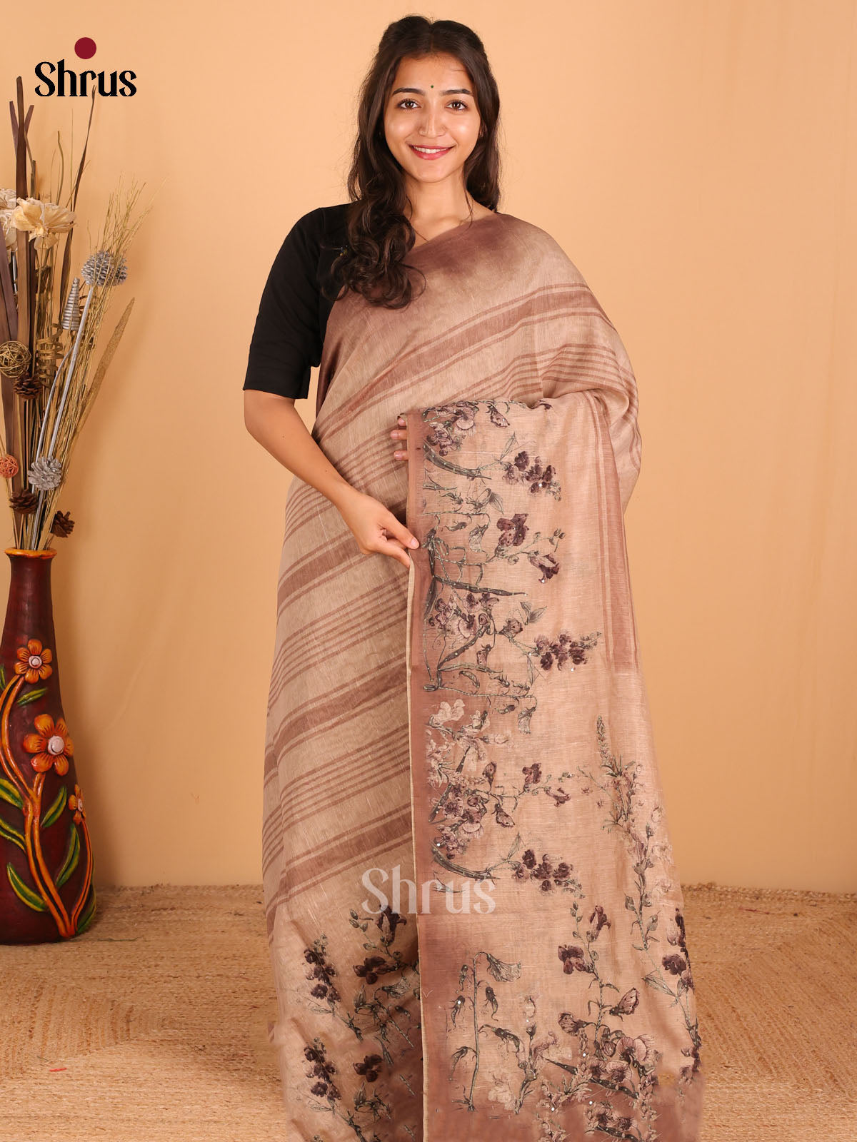 Brown & Sandal - Semi kantha Saree - DCS25098 - Shop on Shrus.com