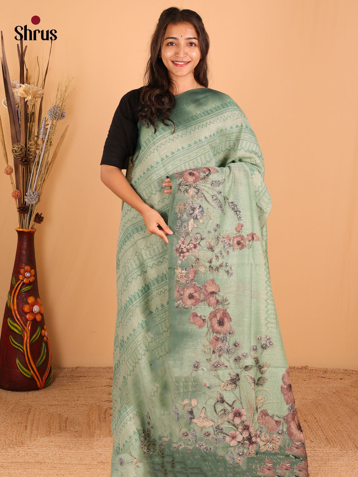 Olive green - Semi kantha Saree - DCS25102 - Shop on Shrus.com