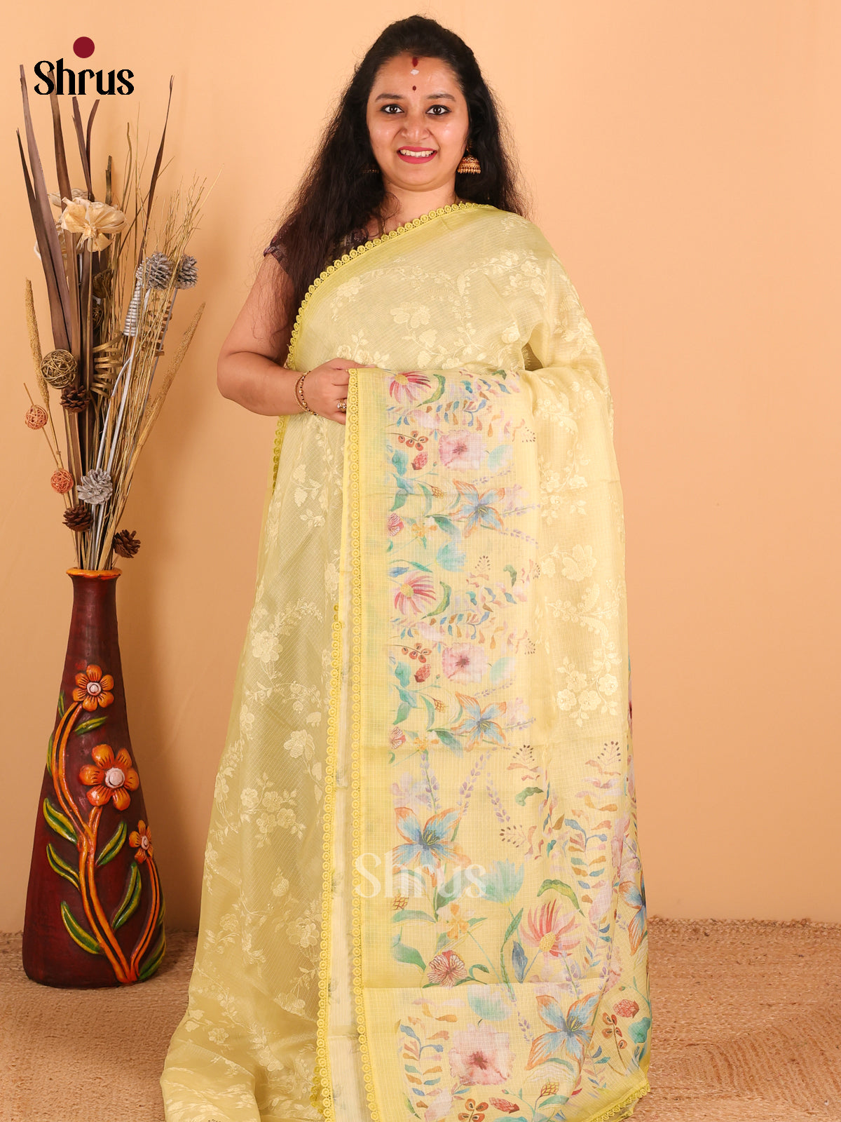 Lime yellow - Semi kantha Saree - DCS25112 - Shop on Shrus.com