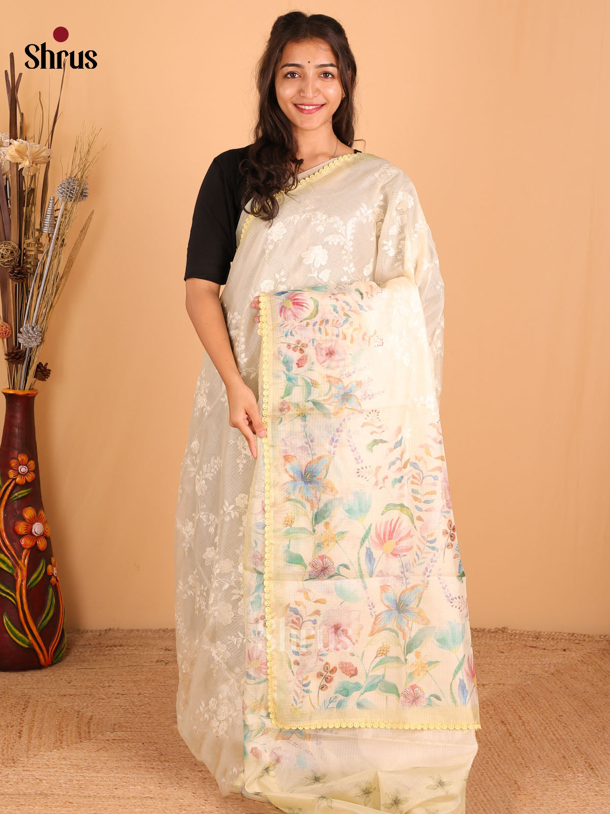 Light Yellow - Semi kantha Saree - DCS25115 - Shop on Shrus.com