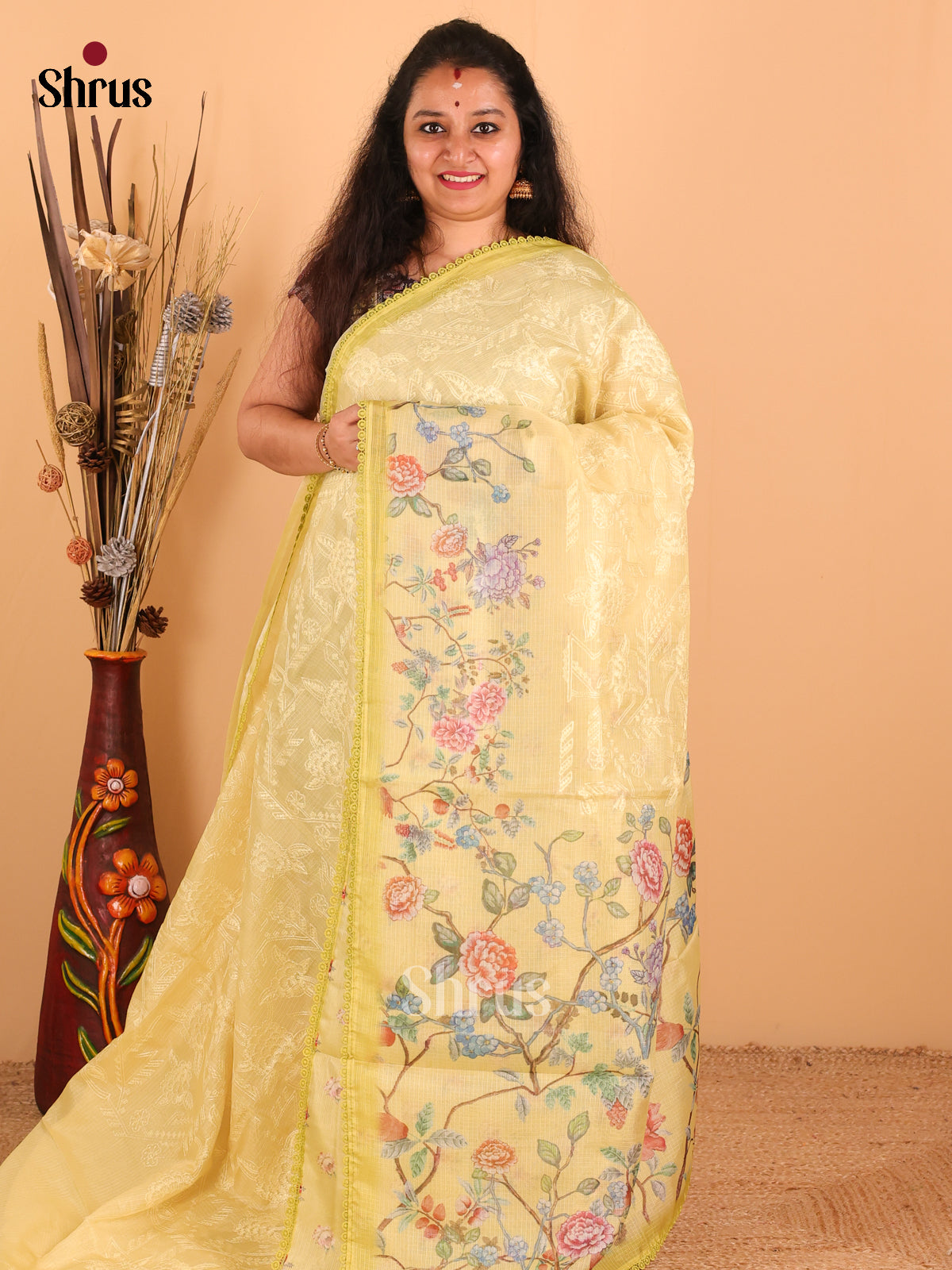 Lime Yellow - Semi kantha Saree - DCS25117 - Shop on Shrus.com