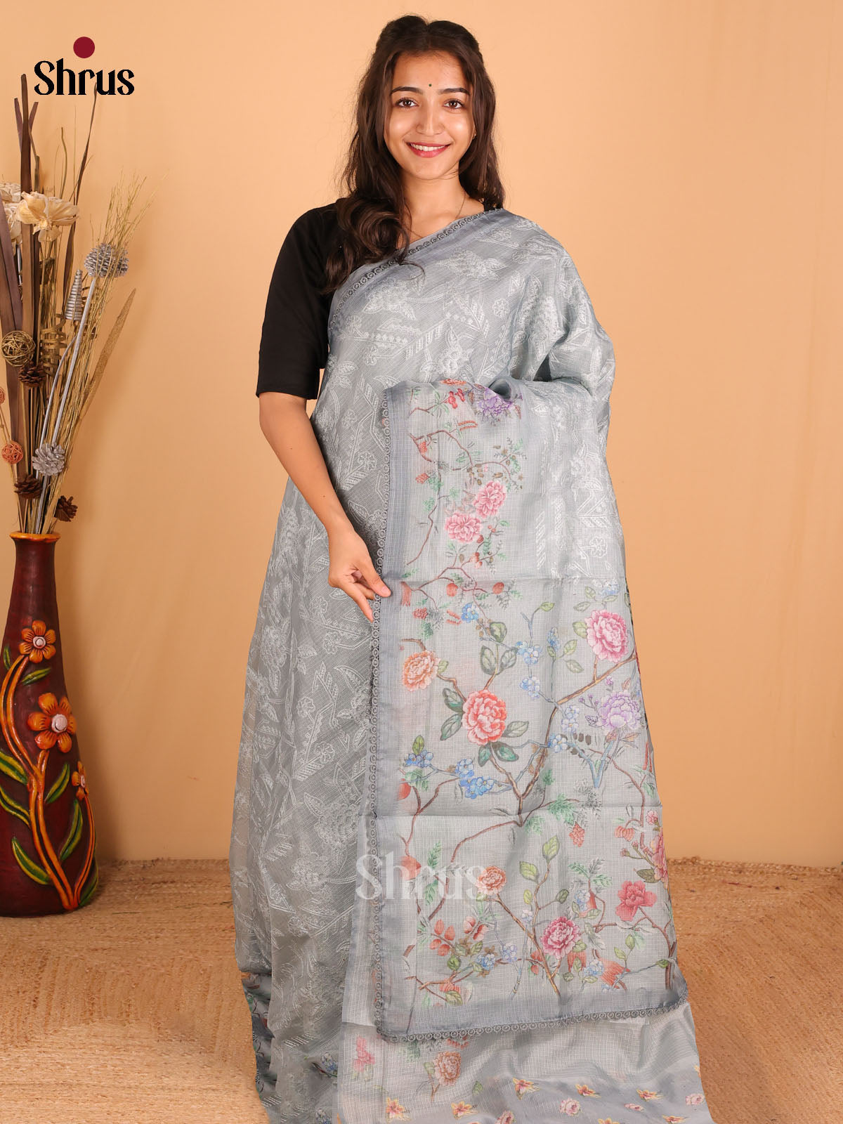 Grey - Semi kantha Saree - DCS25122 - Shop on Shrus.com