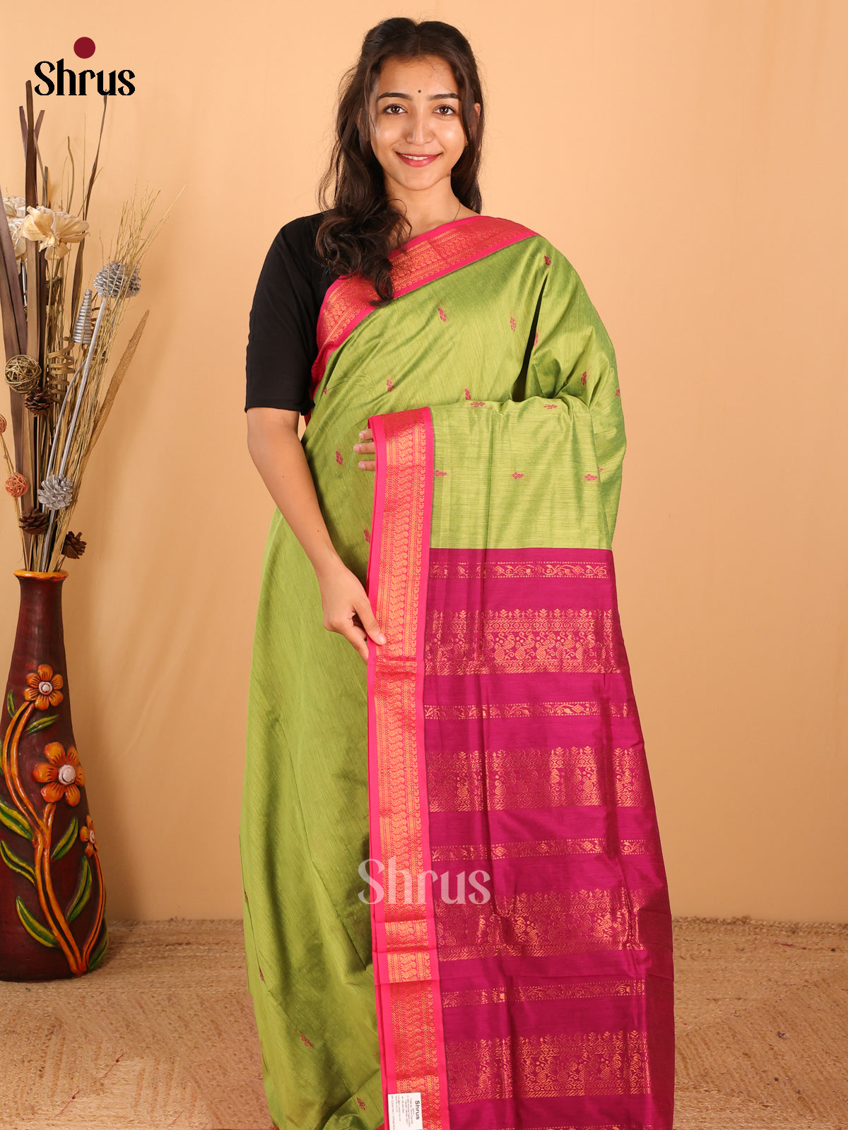 Vibrant Parrot Green Kalyani Cotton Saree, beautifully paired with Magenta Border and Pallu - Shop on Shrus.com