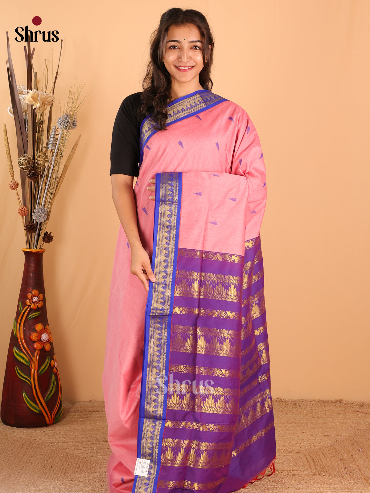 Baby pink & Purple Kalyani Cotton Saree - DCS27007 - Shop on Shrus.com