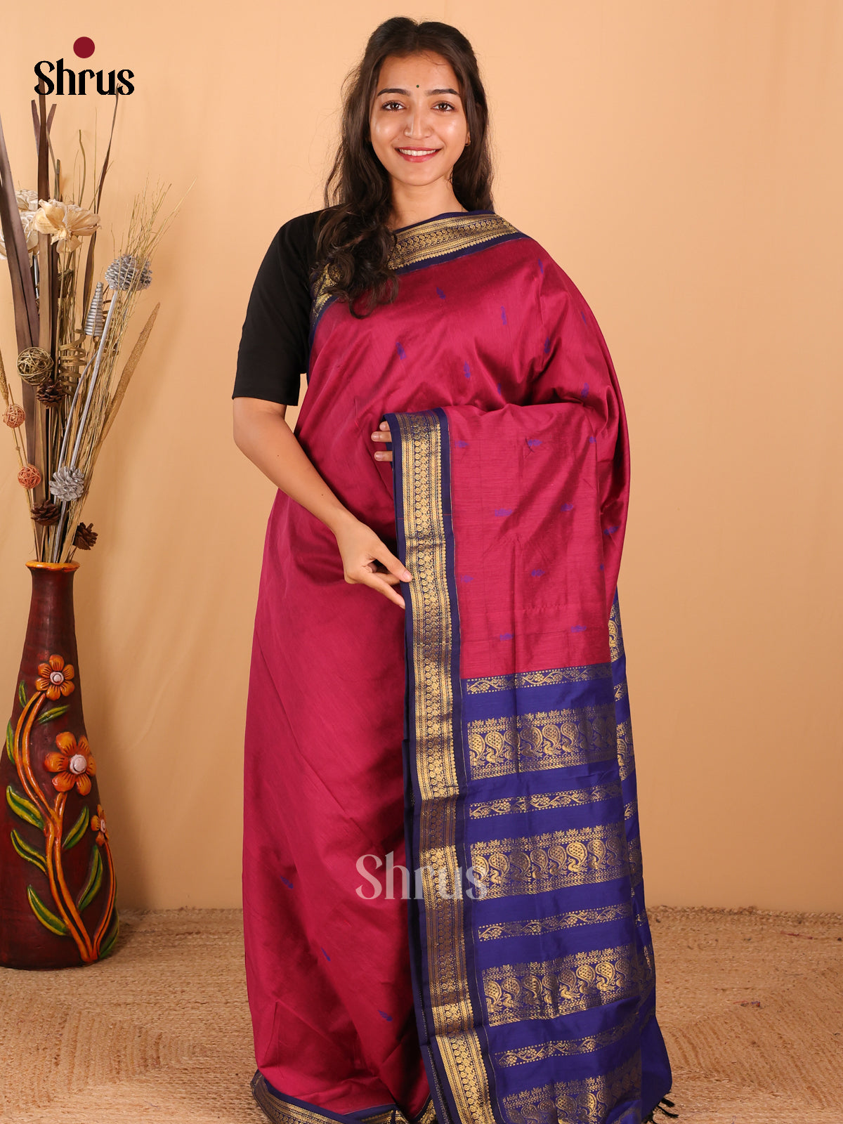 Magenta Kalyani Cotton Saree, Paired with a Contrast Royal Blue Border and Pallu - Shop on Shrus.com