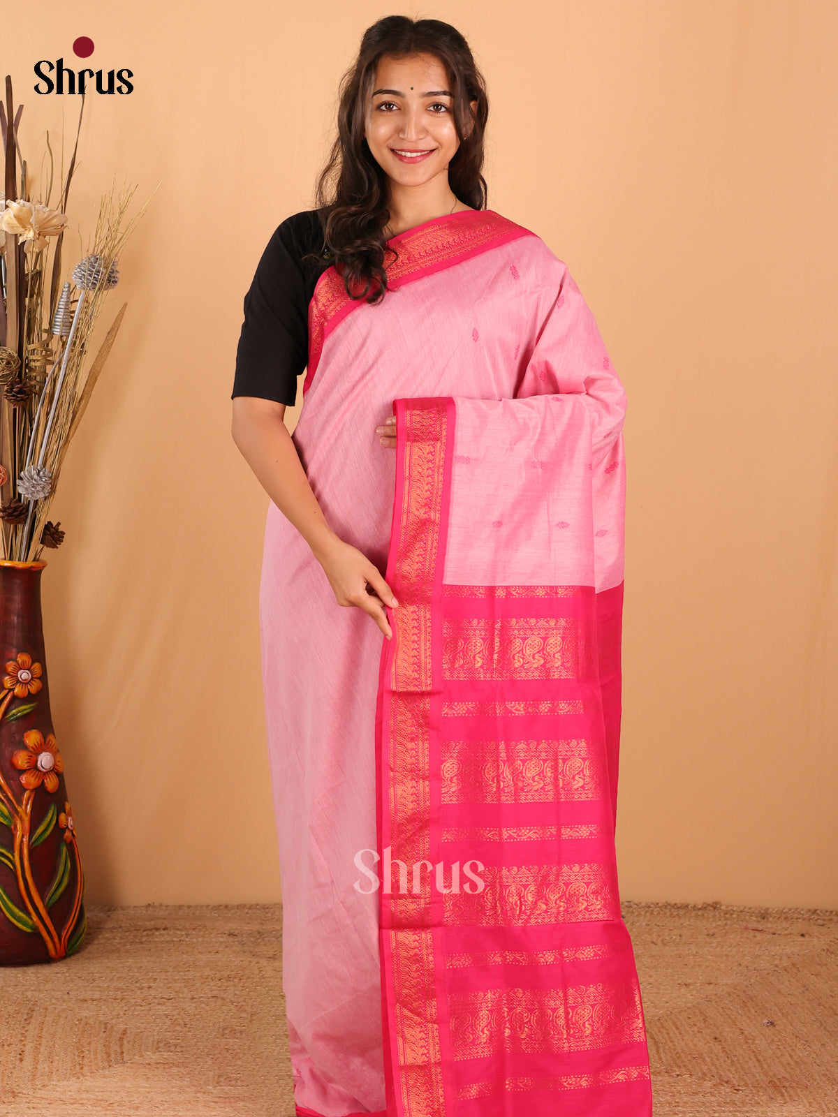 Baby Pink & Dark Pink Kalyani Cotton Saree - DCS27022 - Shop on Shrus.com