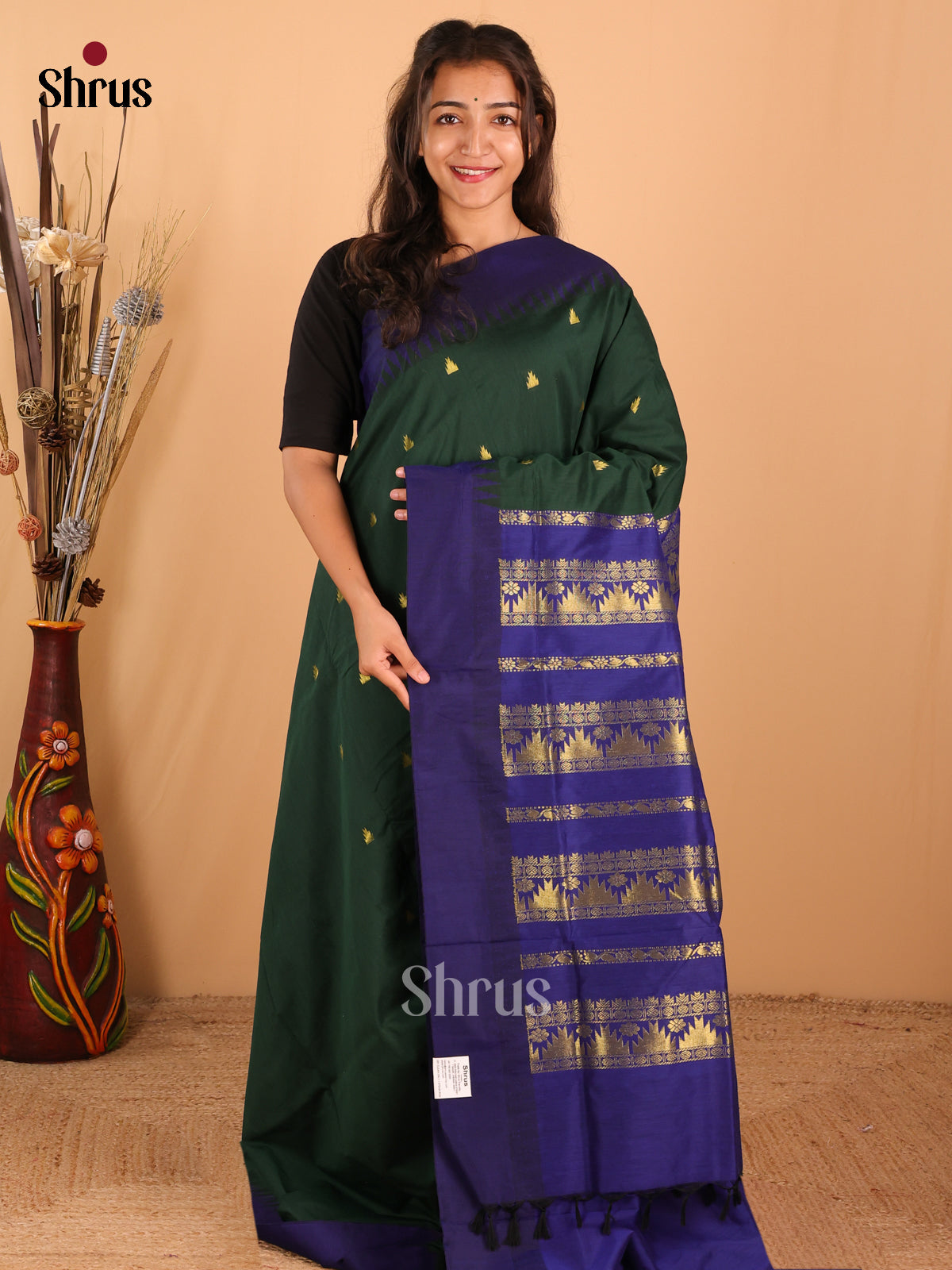 Rich Dark Green Kalyani Cotton Saree, beautifully paired with Blue Temple Border & Pallu - Shop on Shrus.com
