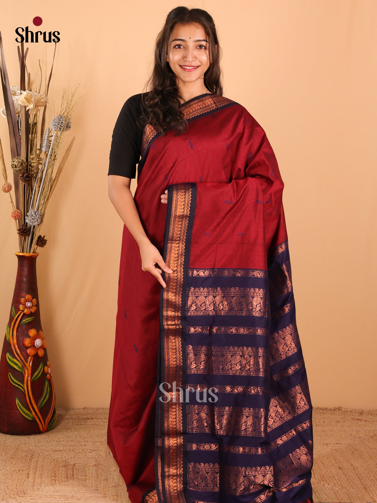 Maroon & Dark Navy Blue Kalyani Cotton Saree - DCS27029 - Shop on Shrus.com