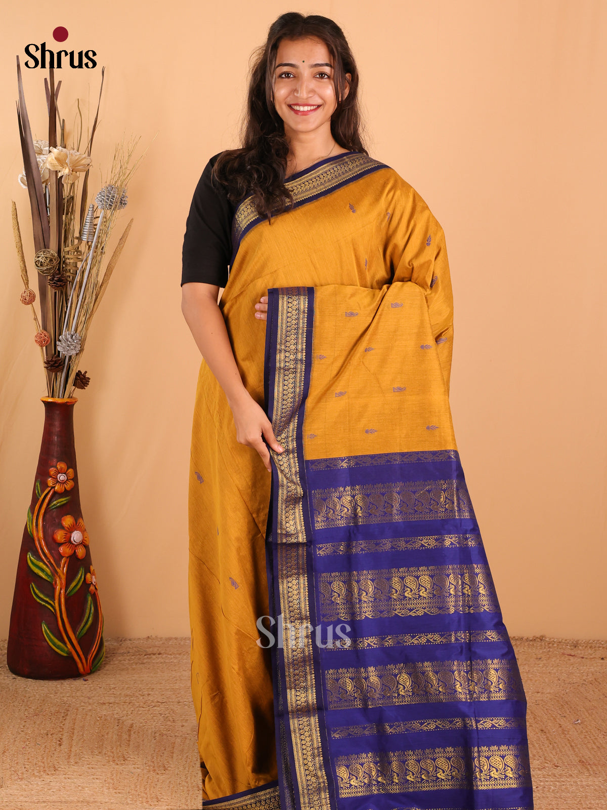 Mustard & Royal Blue Kalyani Cotton Saree - DCS27032 - Shop on Shrus.com