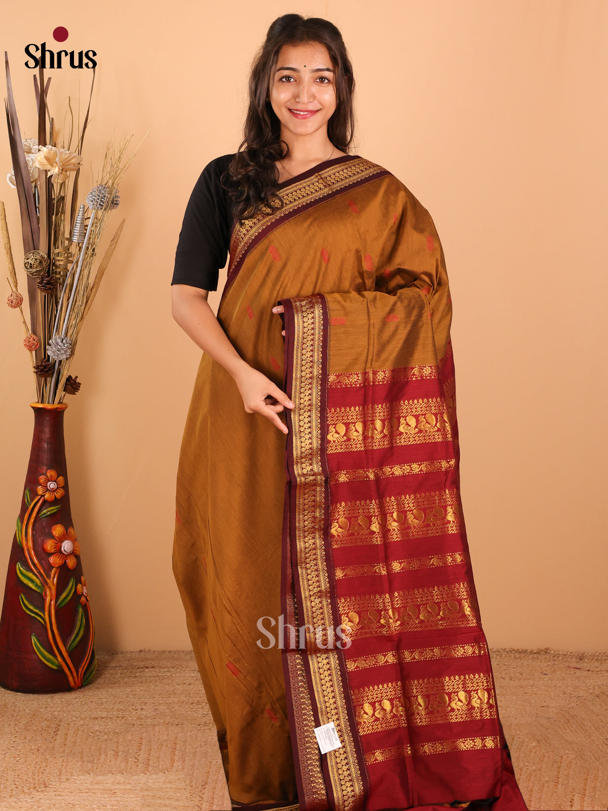 Medium brown & Maroon Kalyani Cotton Saree - DCS27036 - Shop on Shrus.com