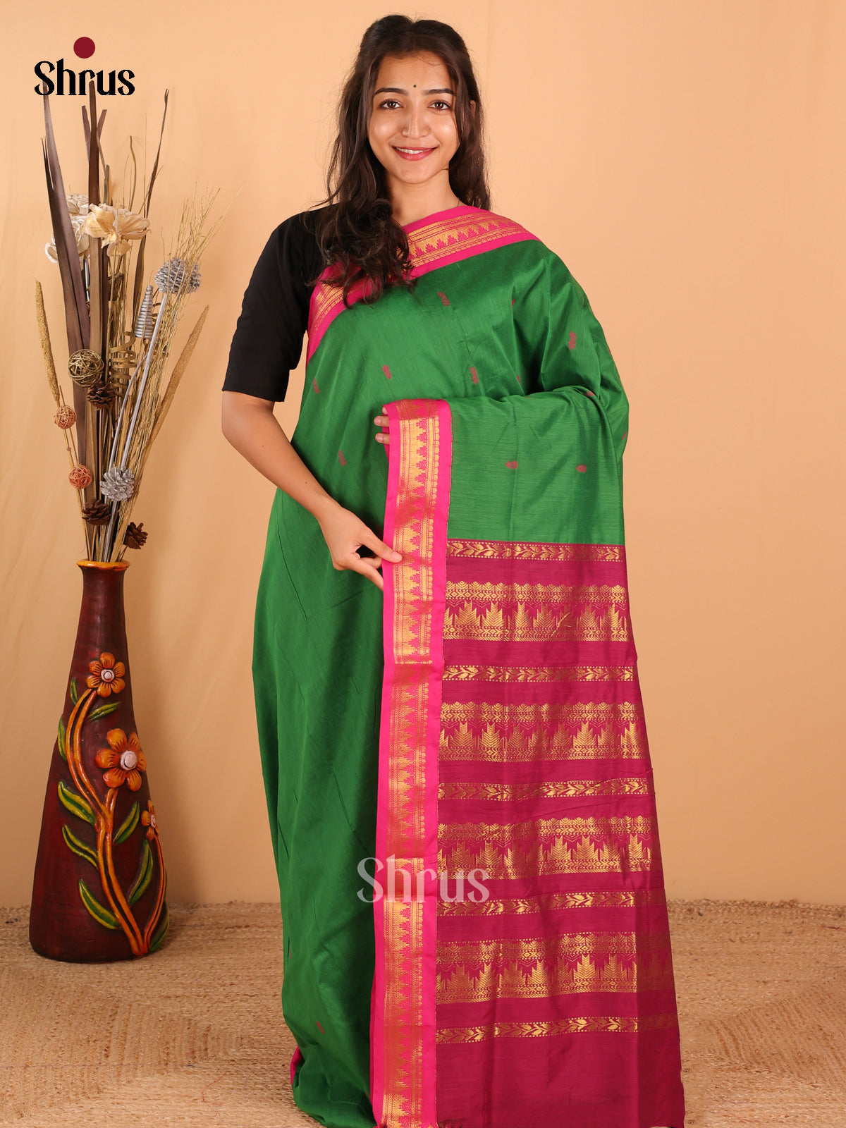 Rich Dark Green Kalyani Cotton Saree with Floral Buttas, Pink Border and Maroon Pallu - Shop on Shrus.com