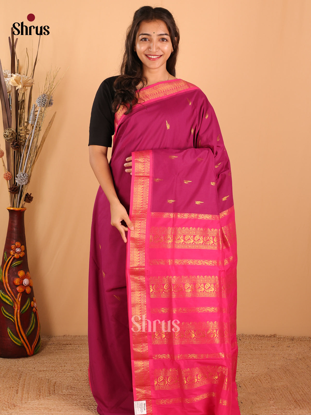 Magenta Kalyani Cotton Saree with Zari-Woven Buttas & Rani Pink Border and Pallu - Shop on Shrus.com