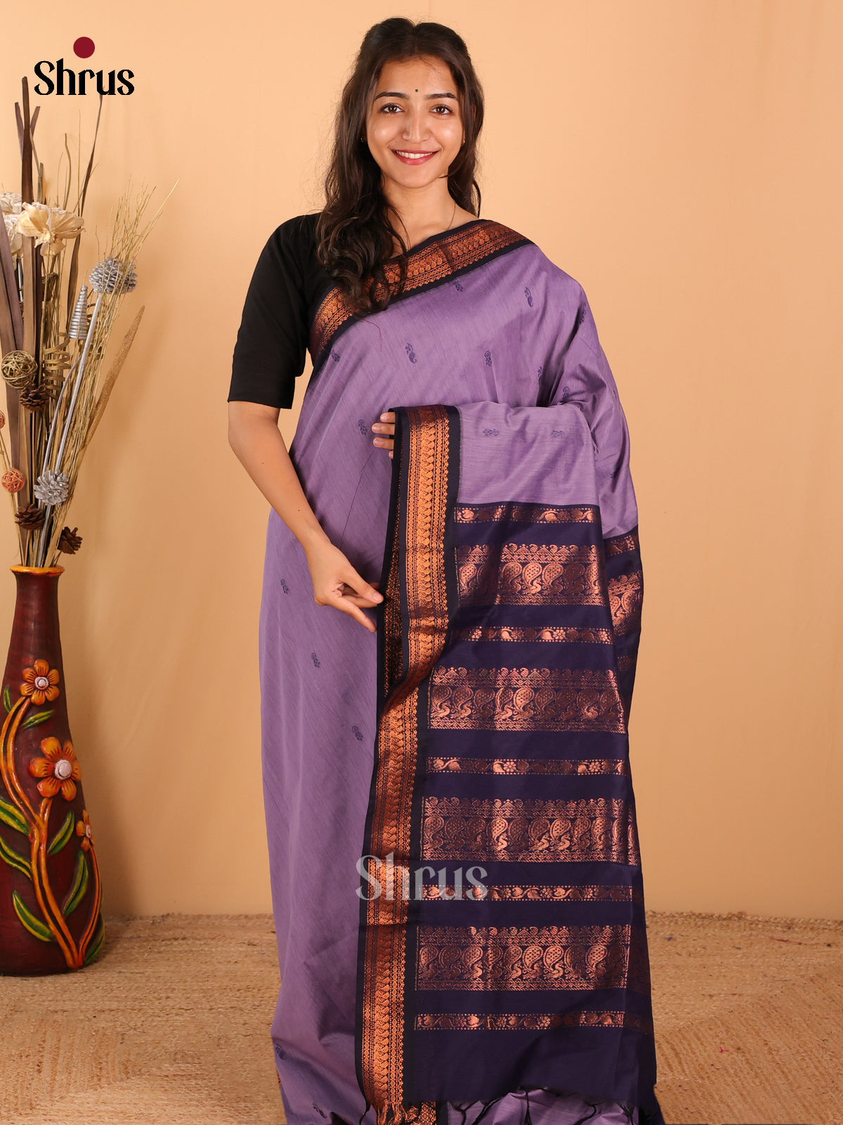 Lavender & Dark Navy Blue Kalyani Cotton Saree - DCS27047 - Shop on Shrus.com
