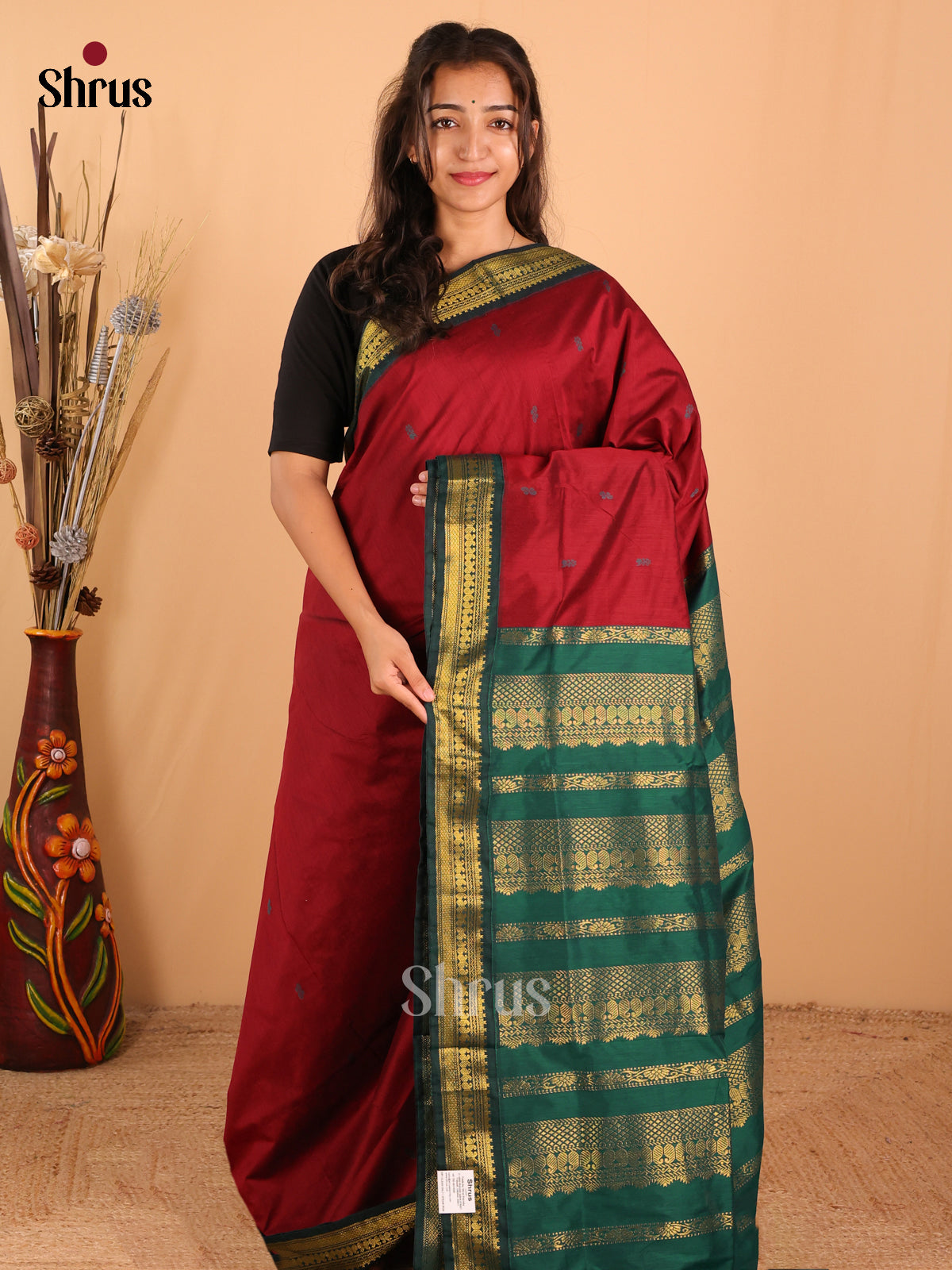 Maroon & Green Kalyani Cotton Saree - DCS27052 - Shop on Shrus.com
