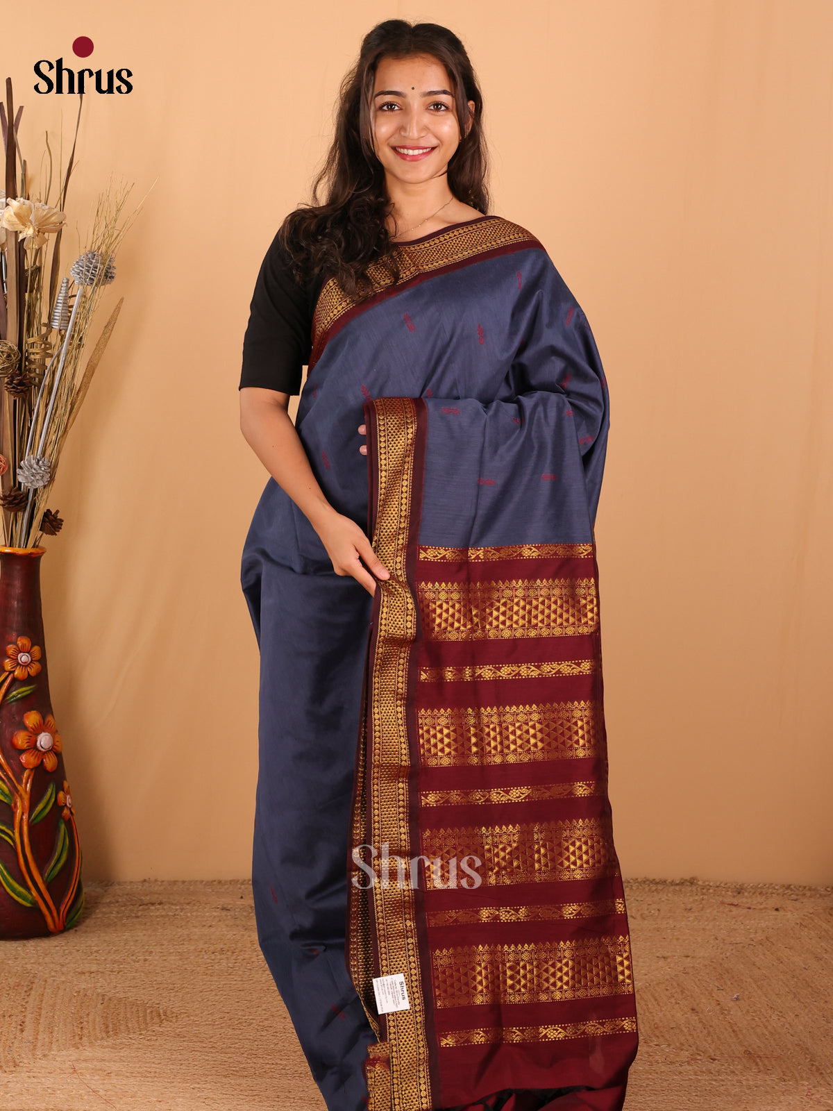 Navy Blue & Maroon Kalyani Cotton Saree - DCS27058 - Shop on Shrus.com