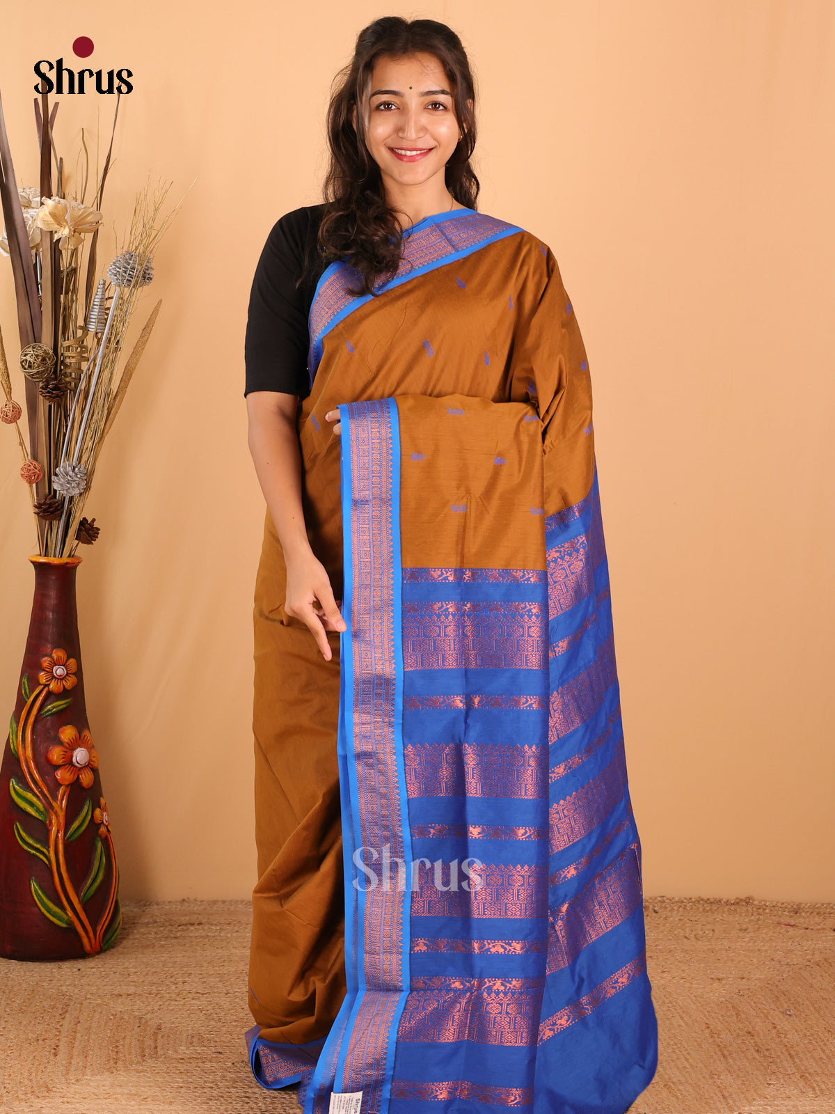 Rich Brown Kalyani Cotton Saree with Buttas & a Striking Contrast Blue Border and Pallu - Shop on Shrus.com