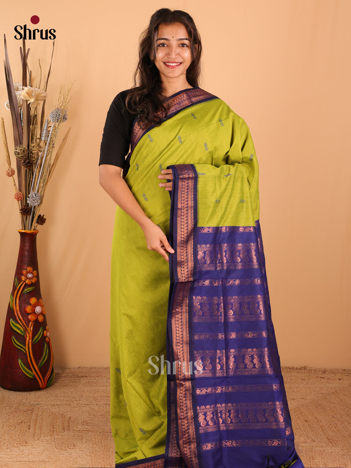 Chic Parrot Green Kalyani Cotton Saree with Thread Buttas & Copper Zari Pallu - Shop on Shrus.com