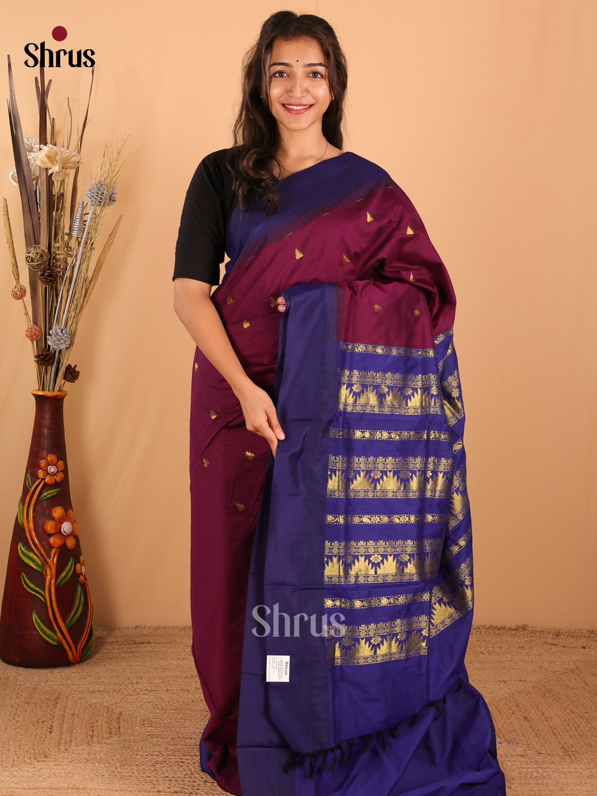 Dark Purple Kalyani Cotton Saree With Zari Buttas & Golden Zari Woven Blue Pallu - Shop on Shrus.com