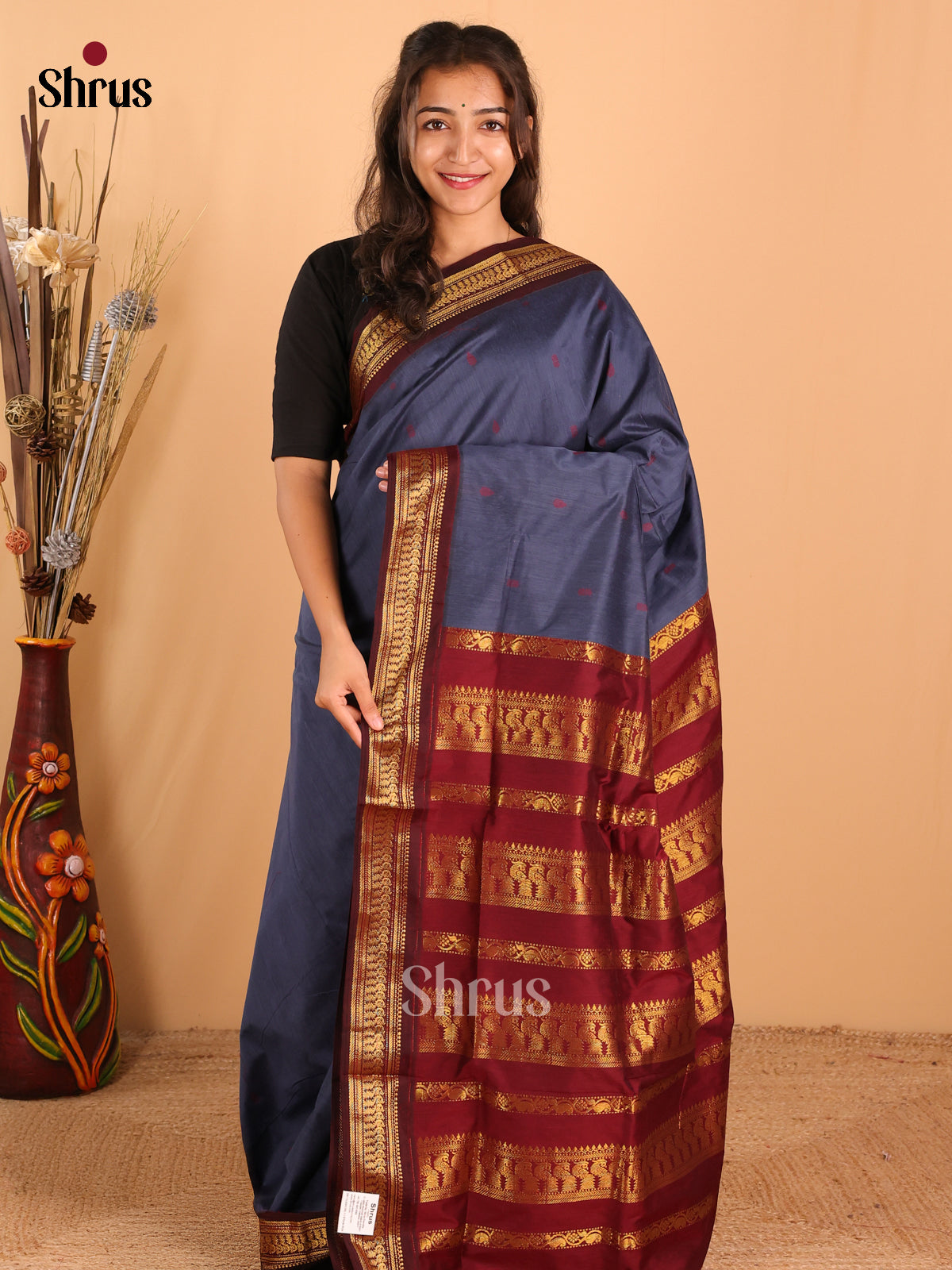 Light Navy blue & Maroon Kalyani Cotton Saree - DCS27075 - Shop on Shrus.com