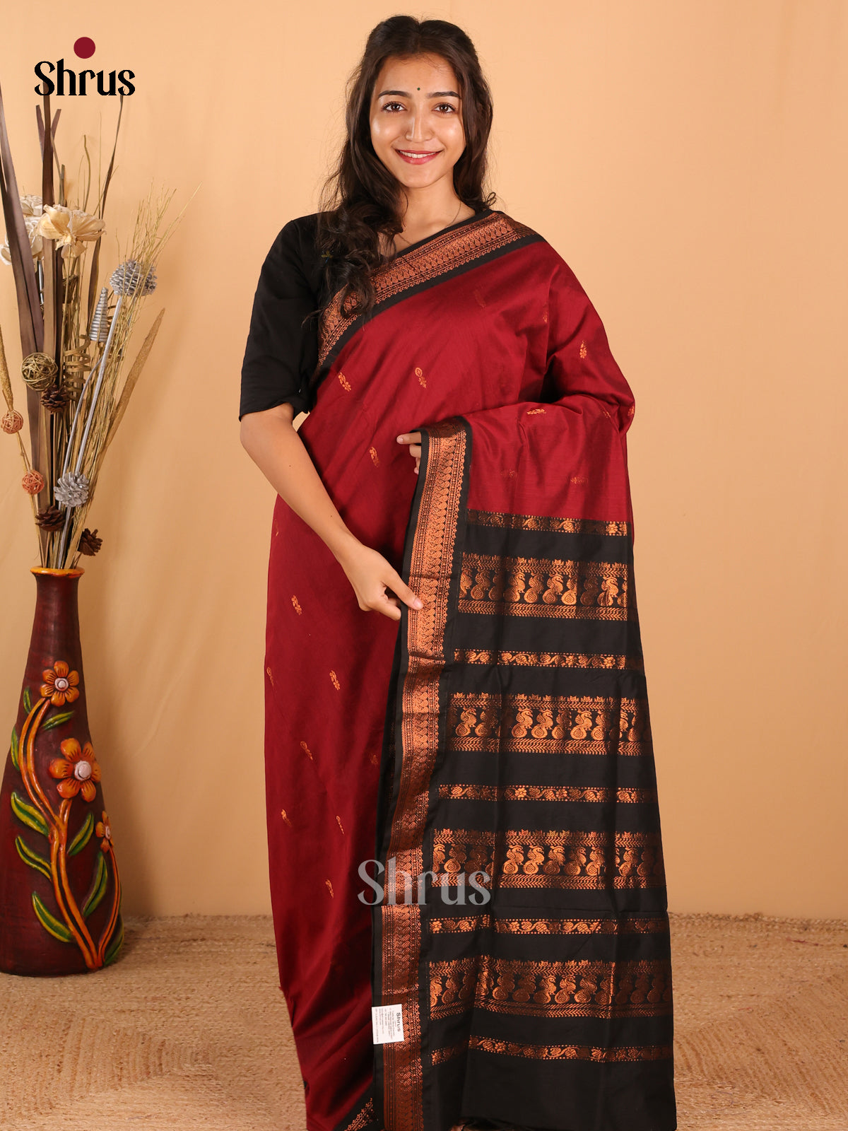 Maroon & Black Kalyani Cotton Saree - DCS27076 - Shop on Shrus.com