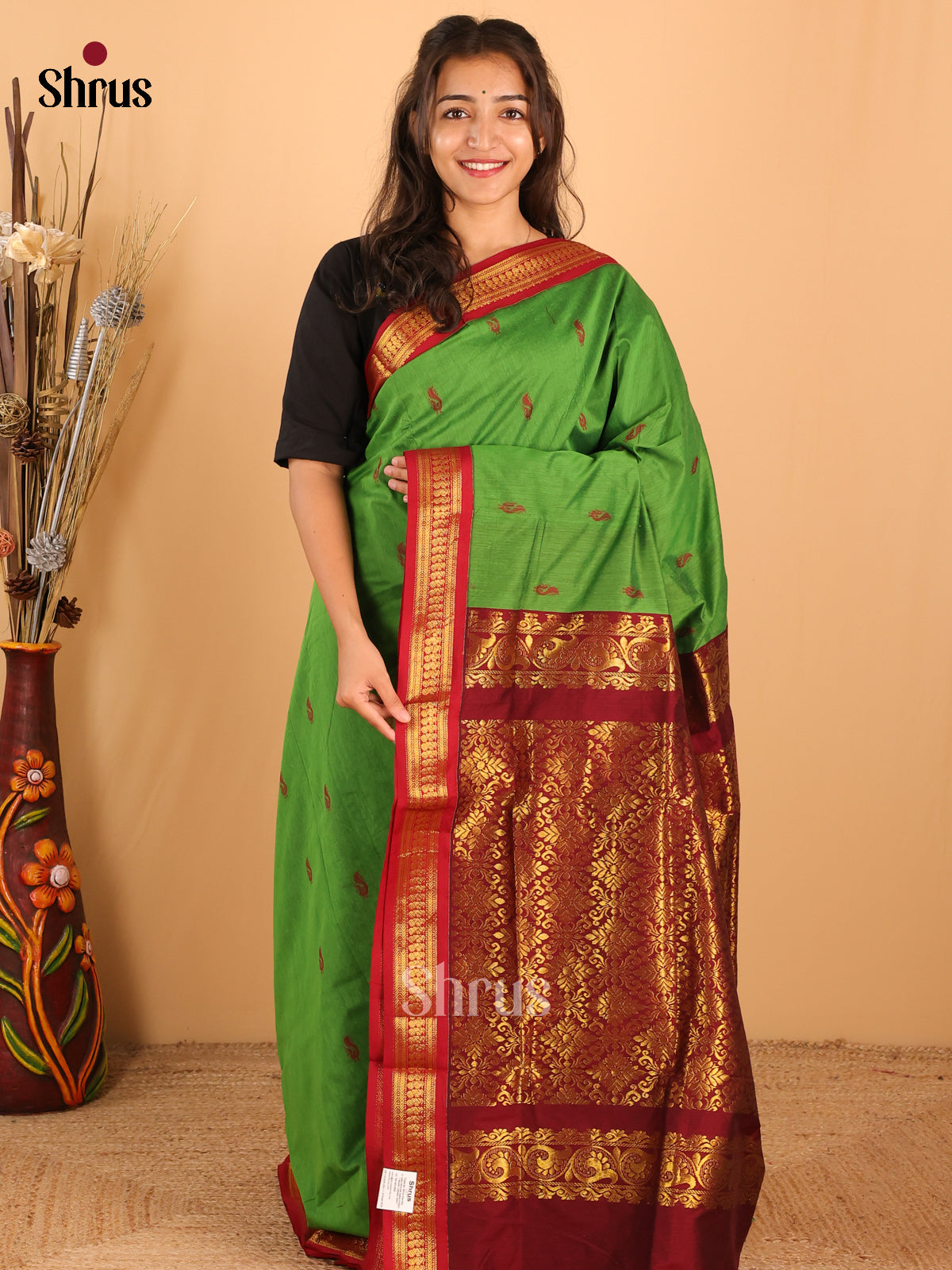 Chic Parrot Green Kalyani Cotton Saree With Peacock Buttas & Maroon Golden Zari Border - Shop on Shrus.com